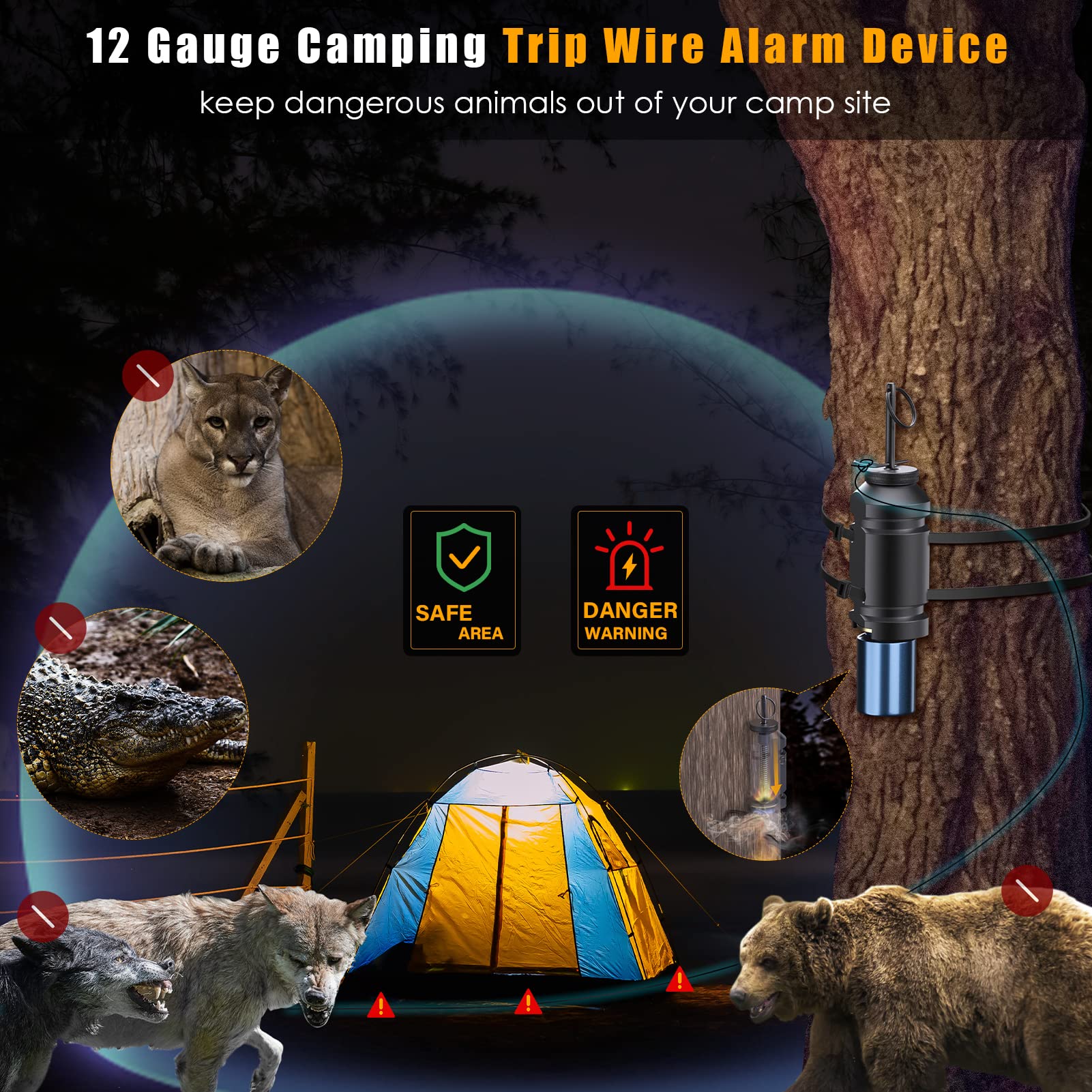 Trip Alarm, Perimeter Trip Alarm, 12 Gauge Camping Trip Wire Alarm Device, Early Warning Security System for Camping and Property Safety/Bear Deterrent,Camping Safety(Adapter Not Included) 2 Pack 12GA - Image 2