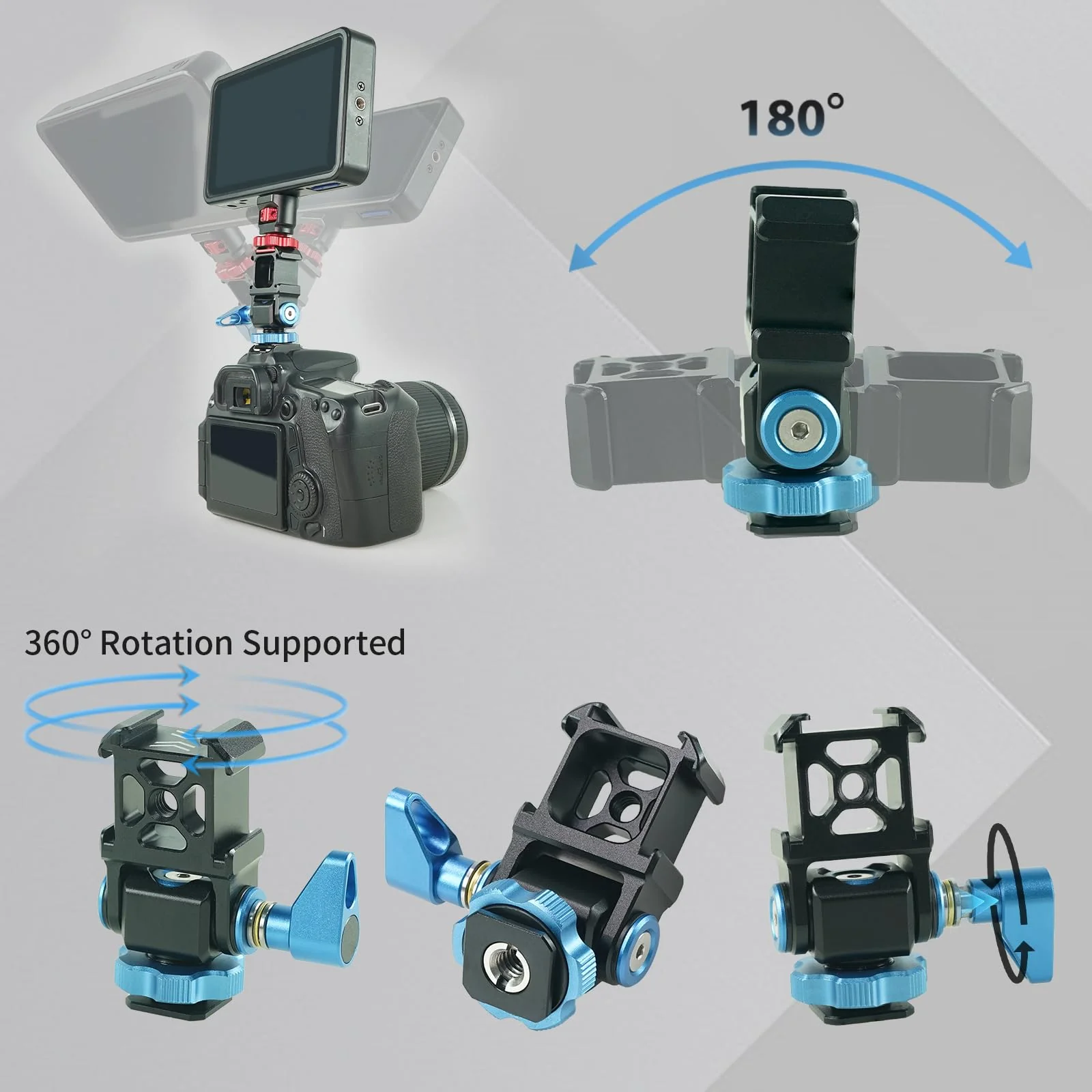Tripod Ball Head Mount 3 Port Cold Shoe Mount with 1/4"-20 Thread, 360° Rotating Panoramic Ball Head for DSLR Camera Tripod Monopod Slider Camcorder Camera Cage Flash LED Monitor Microphone - Image 3