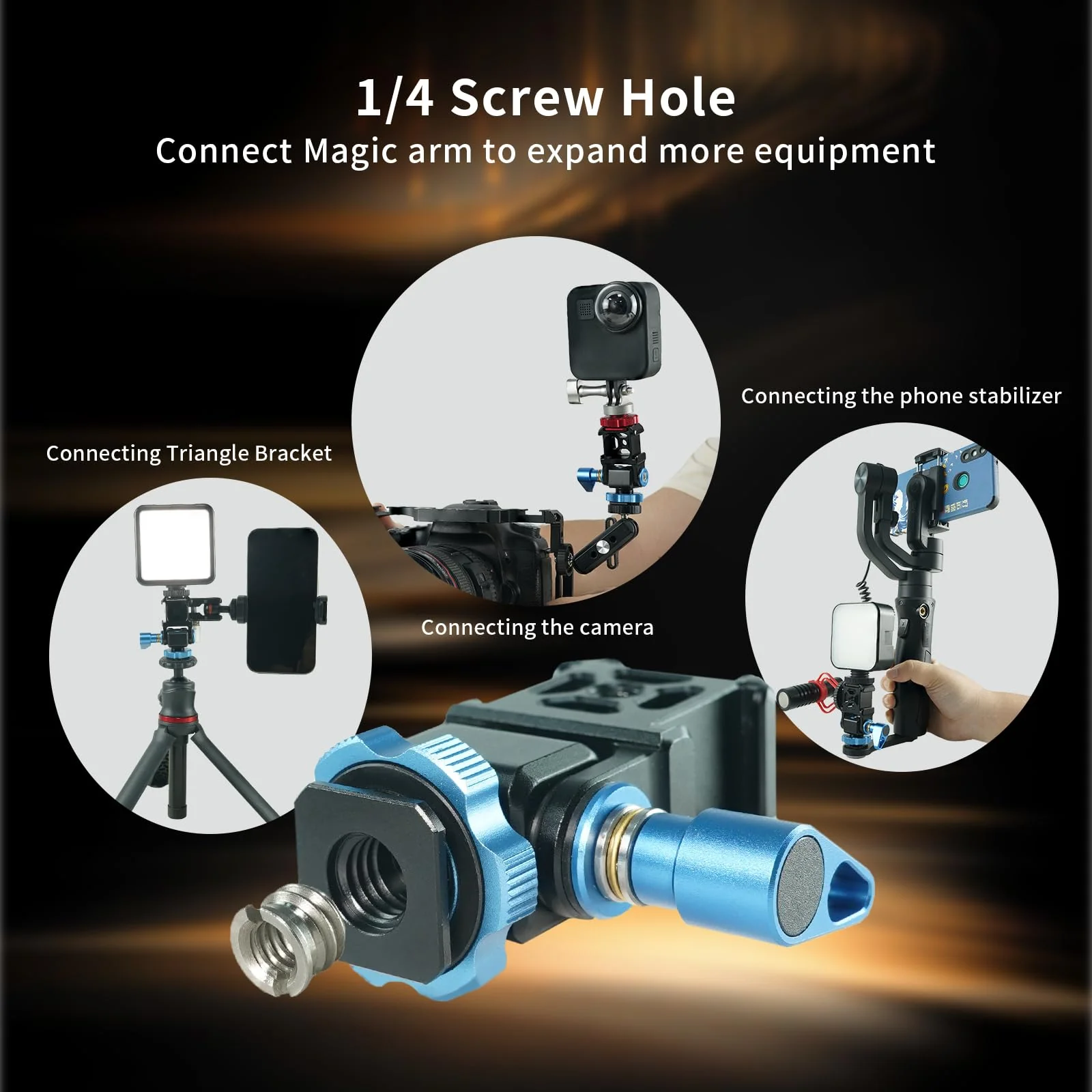 Tripod Ball Head Mount 3 Port Cold Shoe Mount with 1/4"-20 Thread, 360° Rotating Panoramic Ball Head for DSLR Camera Tripod Monopod Slider Camcorder Camera Cage Flash LED Monitor Microphone - Image 5