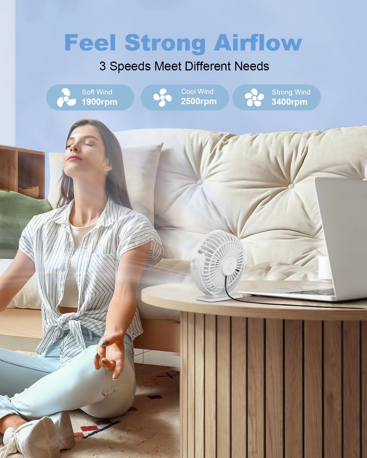 TriPole Desk Fan USB Powered Mini Portable Fan, 3 Speeds Adjustable Strong Breeze Personal Desktop Fan, 360° Rotation Quiet Plug In USB Fan for Bedroom Office Table Travel Cruise, White, 4.9ft Cable - Image 2