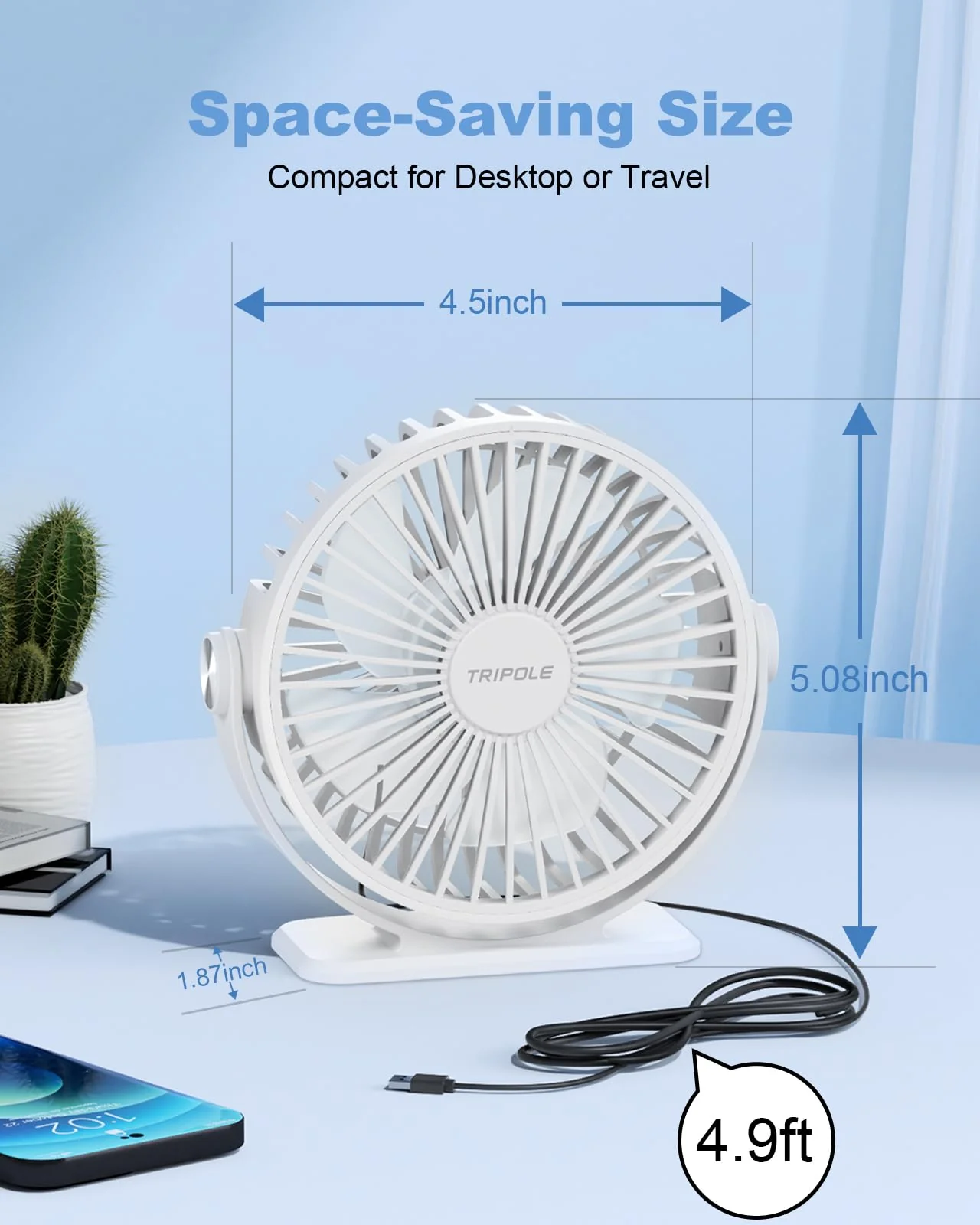 TriPole Desk Fan USB Powered Mini Portable Fan, 3 Speeds Adjustable Strong Breeze Personal Desktop Fan, 360° Rotation Quiet Plug In USB Fan for Bedroom Office Table Travel Cruise, White, 4.9ft Cable - Image 3