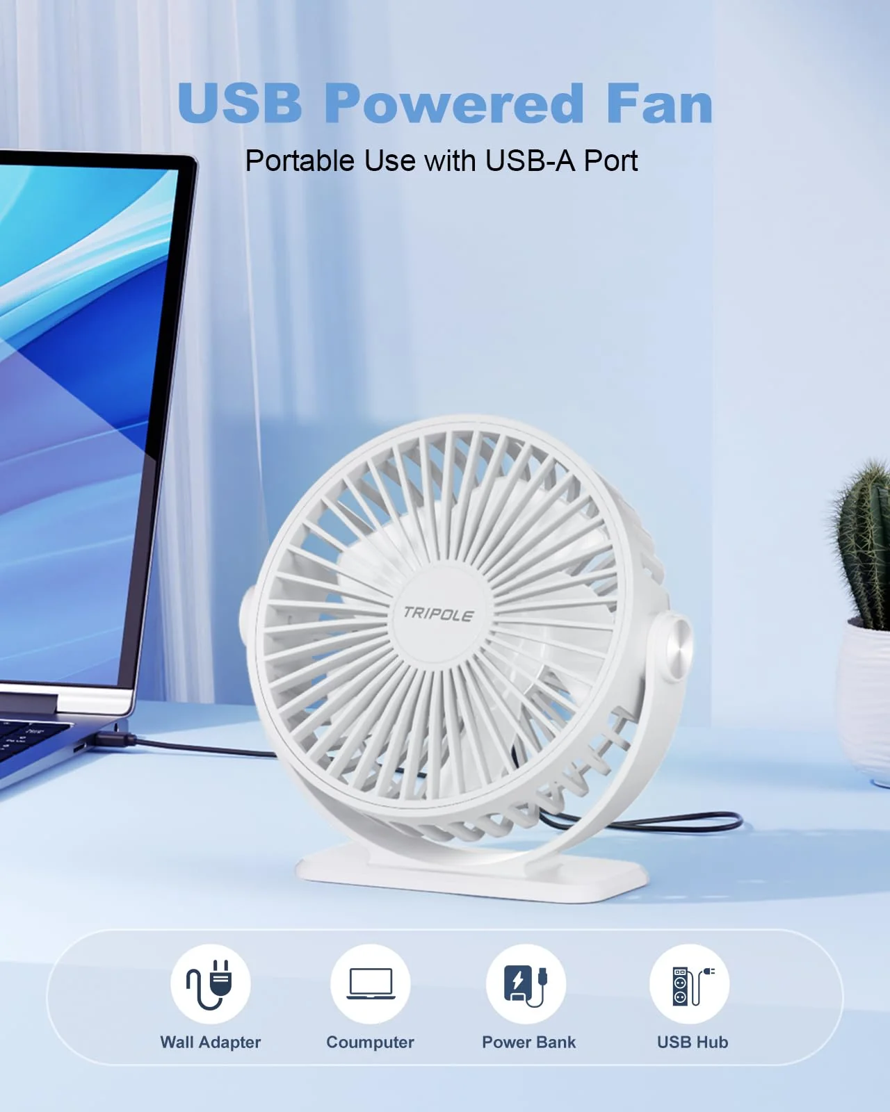 TriPole Desk Fan USB Powered Mini Portable Fan, 3 Speeds Adjustable Strong Breeze Personal Desktop Fan, 360° Rotation Quiet Plug In USB Fan for Bedroom Office Table Travel Cruise, White, 4.9ft Cable - Image 4