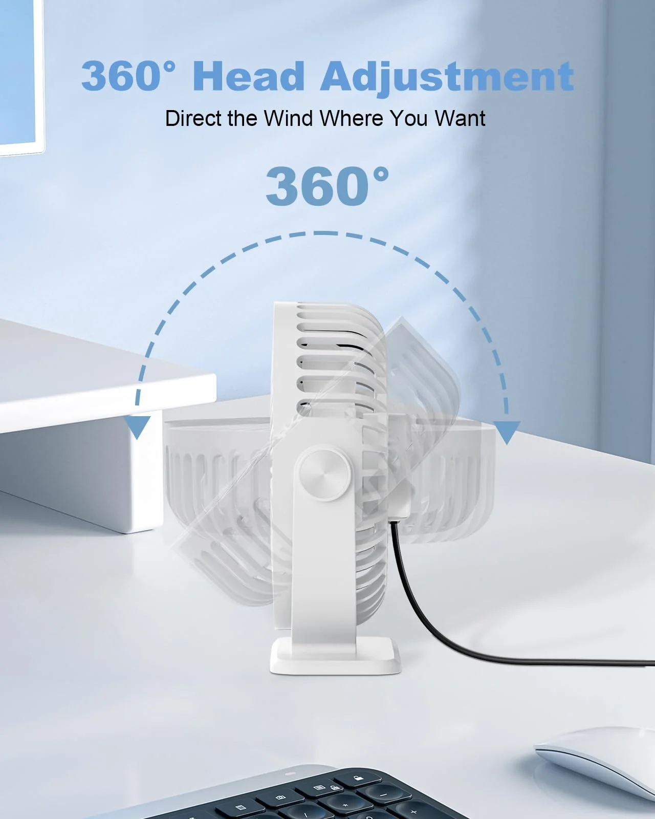 TriPole Desk Fan USB Powered Mini Portable Fan, 3 Speeds Adjustable Strong Breeze Personal Desktop Fan, 360° Rotation Quiet Plug In USB Fan for Bedroom Office Table Travel Cruise, White, 4.9ft Cable - Image 5