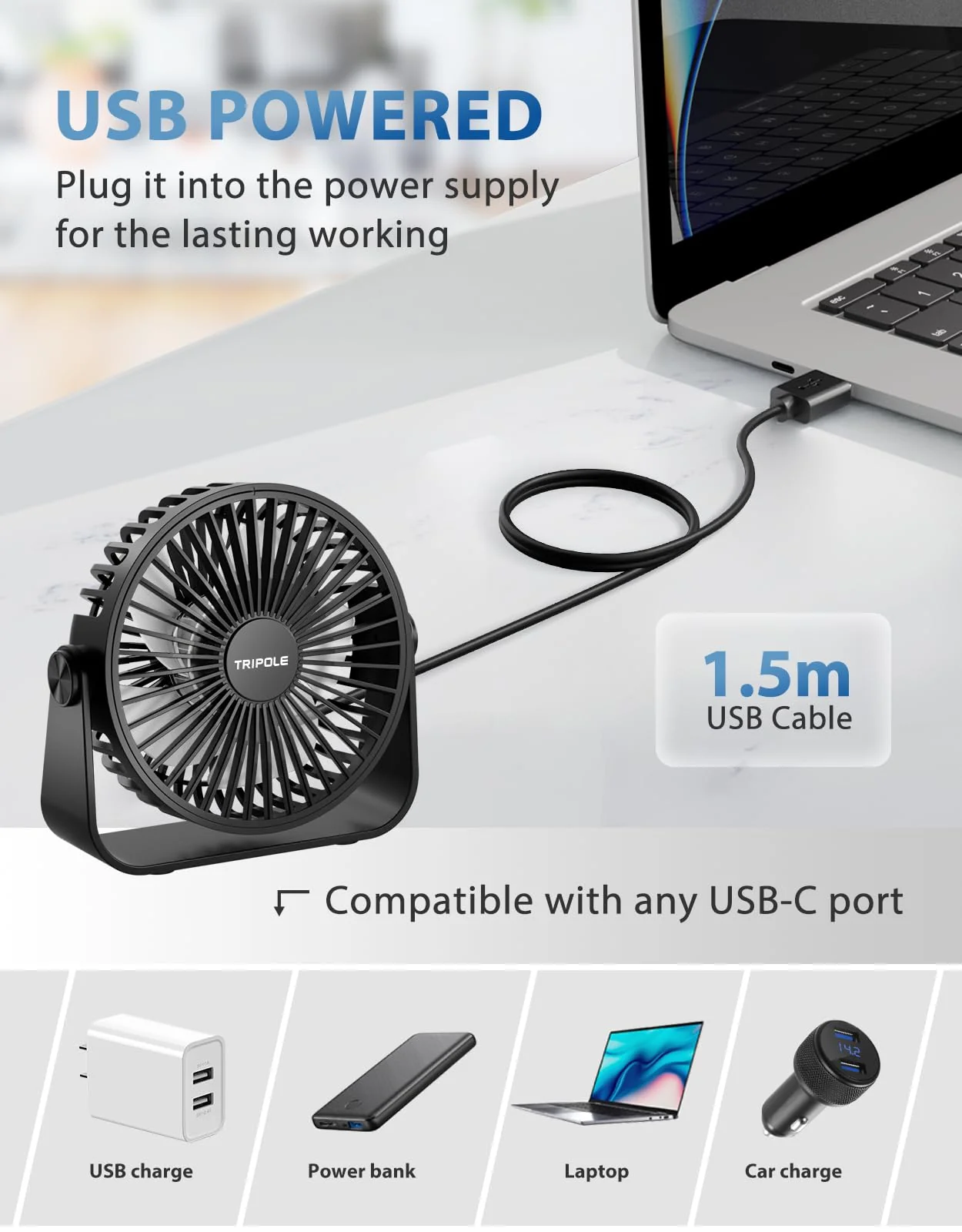 TriPole USB Desk Fan 4.5 Inches Portable Mini Fan Powerful 3 Speeds Wind Personal Desktop Fan with 360° Head Rotation for Home Office Car Indoor Outdoor Black - Image 3