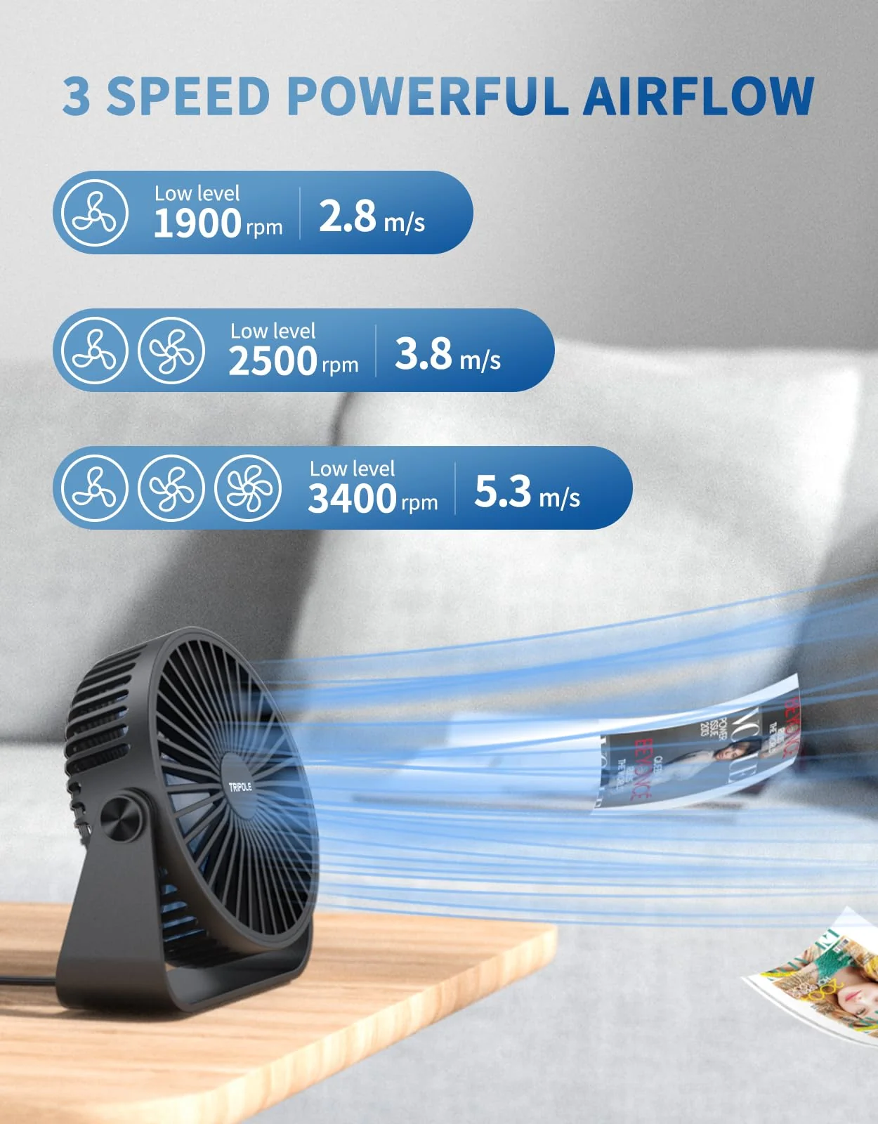 TriPole USB Desk Fan 4.5 Inches Portable Mini Fan Powerful 3 Speeds Wind Personal Desktop Fan with 360° Head Rotation for Home Office Car Indoor Outdoor Black - Image 4