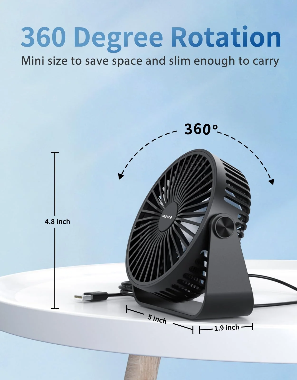 TriPole USB Desk Fan 4.5 Inches Portable Mini Fan Powerful 3 Speeds Wind Personal Desktop Fan with 360° Head Rotation for Home Office Car Indoor Outdoor Black - Image 5