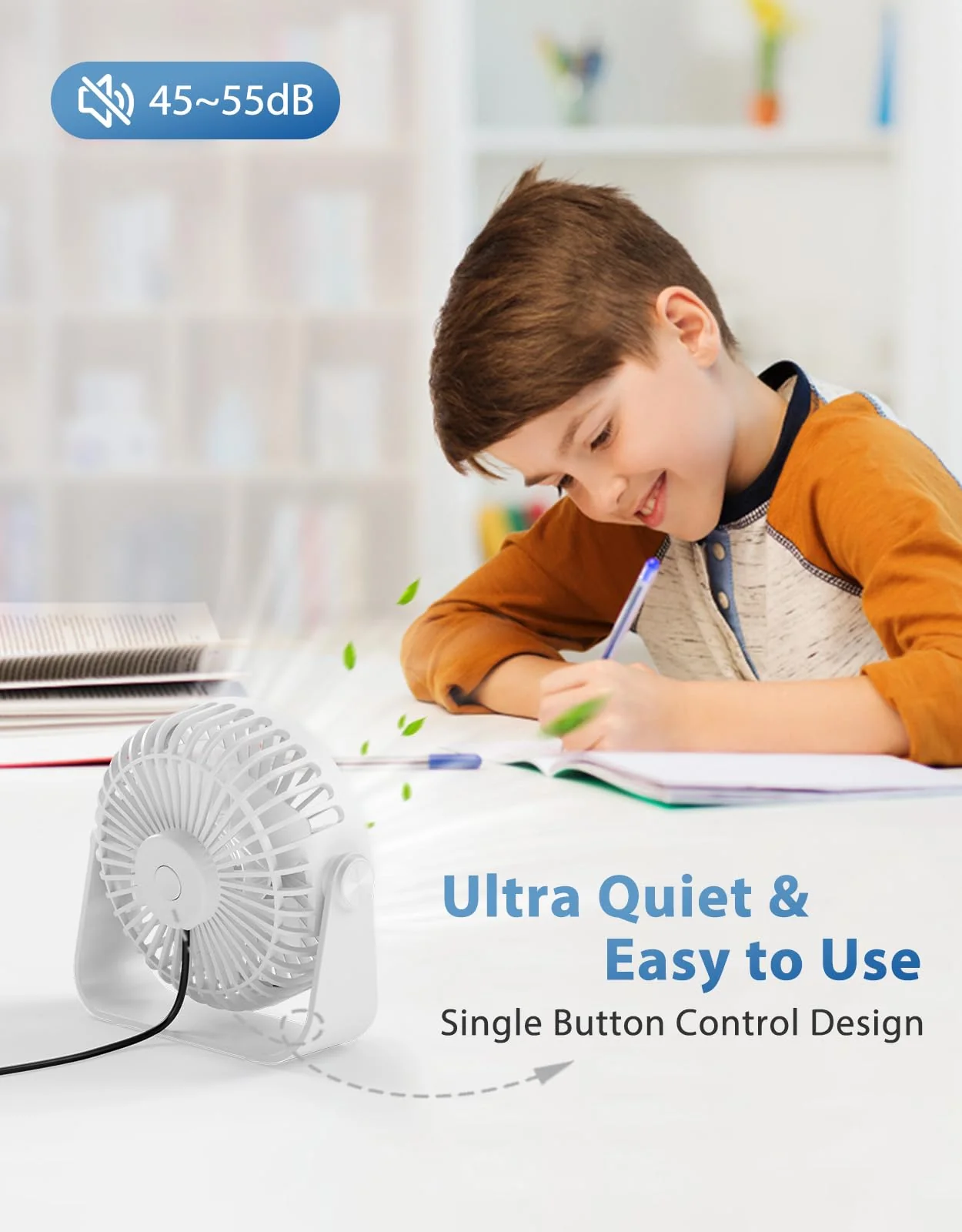 TriPole USB Desk Fan 4.5 Inches Portable Mini Fan Powerful 3 Speeds Wind Personal Desktop Fan with 360° Head Rotation for Home Office Car Indoor Outdoor White - Image 2