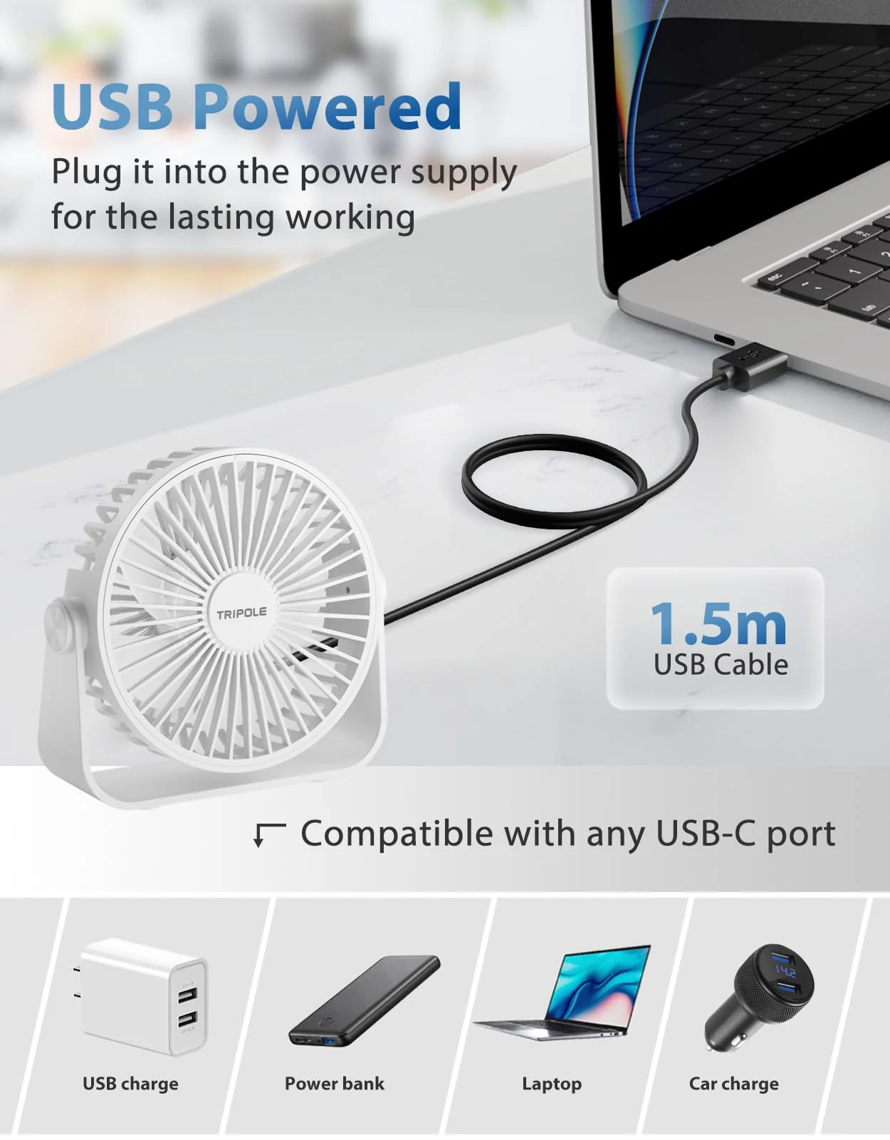 TriPole USB Desk Fan 4.5 Inches Portable Mini Fan Powerful 3 Speeds Wind Personal Desktop Fan with 360° Head Rotation for Home Office Car Indoor Outdoor White - Image 3