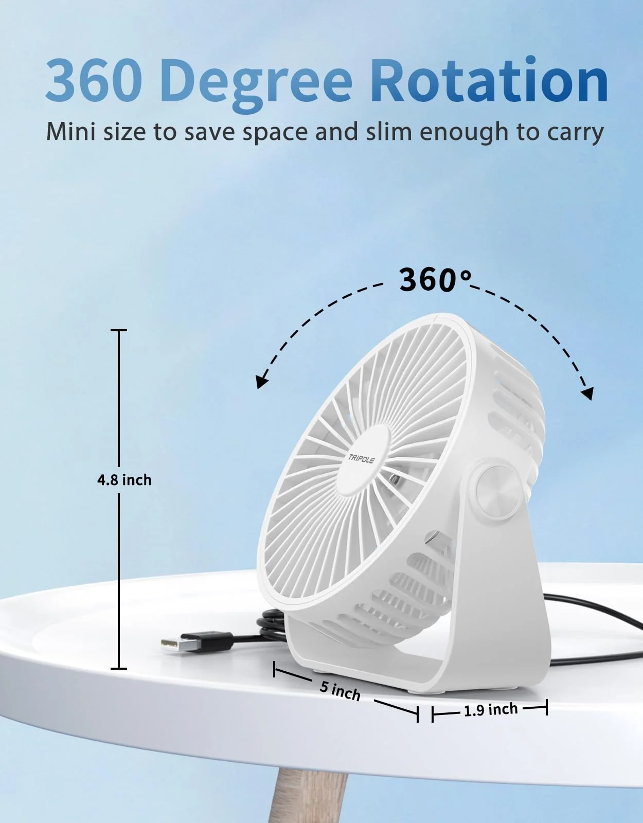 TriPole USB Desk Fan 4.5 Inches Portable Mini Fan Powerful 3 Speeds Wind Personal Desktop Fan with 360° Head Rotation for Home Office Car Indoor Outdoor White - Image 5