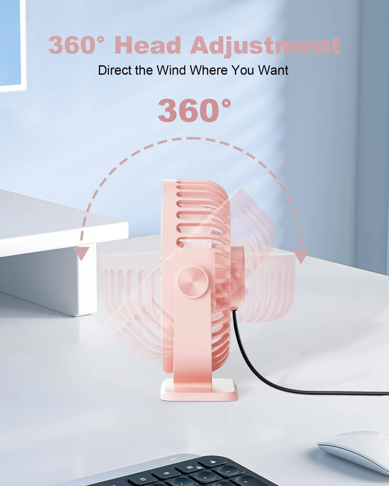 TriPole USB Desk Fan Mini Portable Personal Fan, 3 Speeds Adjustable Strong Breeze Small Electric Fan, 360° Rotation Quiet Plug In USB Fan for Desktop Bedroom Office Table Travel Cruise, Pink, 4.5in - Image 6