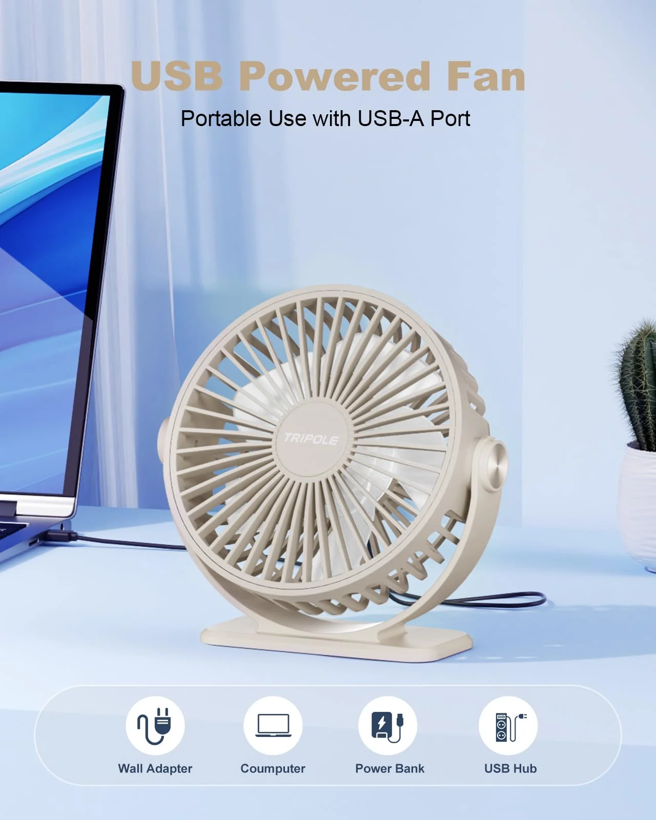TriPole USB Desk Fan Small Portable Personal Fan, 3 Speeds Adjustable Strong Breeze Mini Electric Fan, 360° Rotation Quiet Plug In USB Fan for Desktop Bedroom Office Table Travel Cruise, Beige, 4.5in - Image 2
