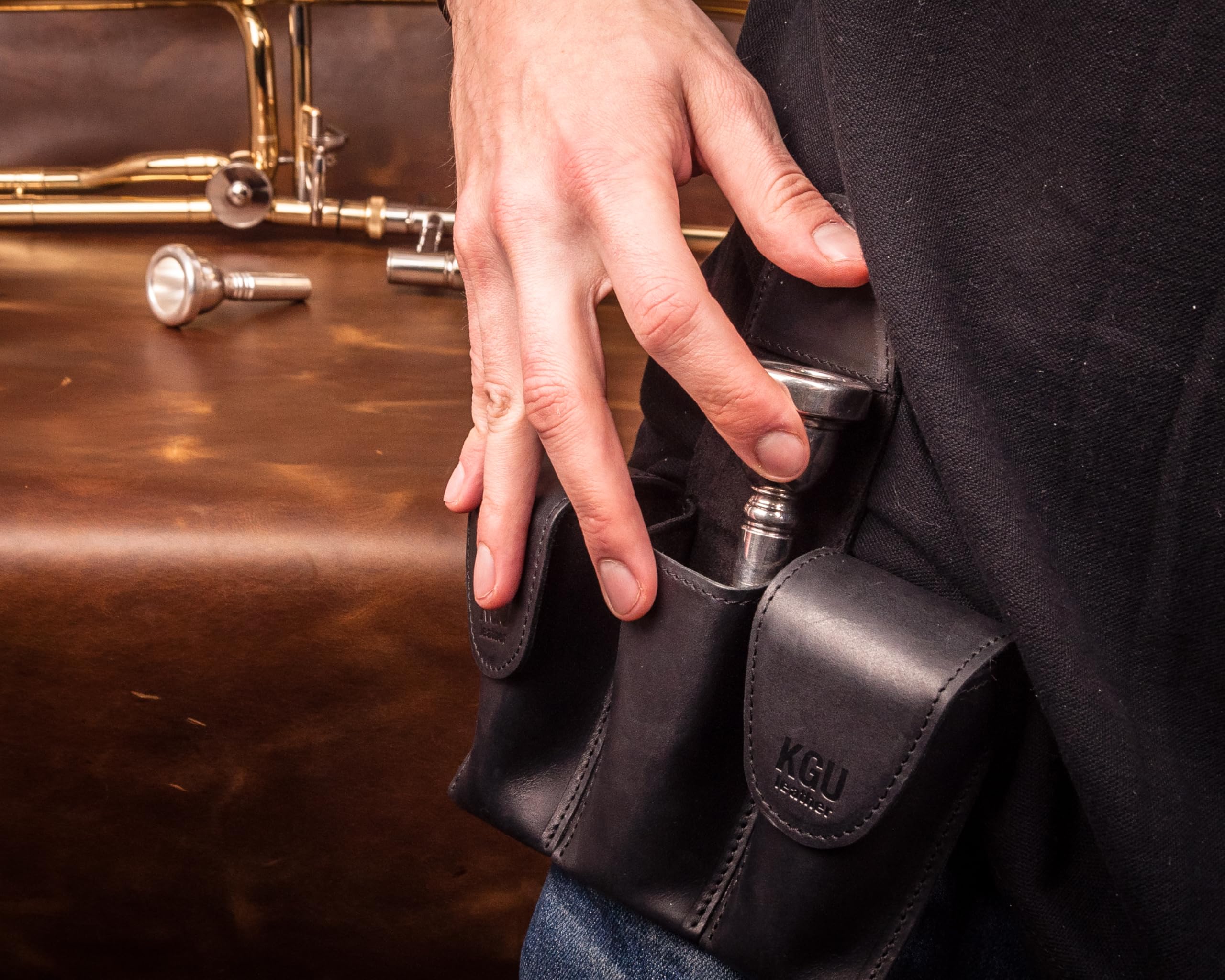 Trombone/Euphonium MOUTHPIECE HOLDER. Genuine leather carrying bag. Compact Mouthpiece Holder. Protection Case for Trombone/Euphonium Mouthpiece. Gift Idea Trombonist (Triple, Black) Triple - Image 2