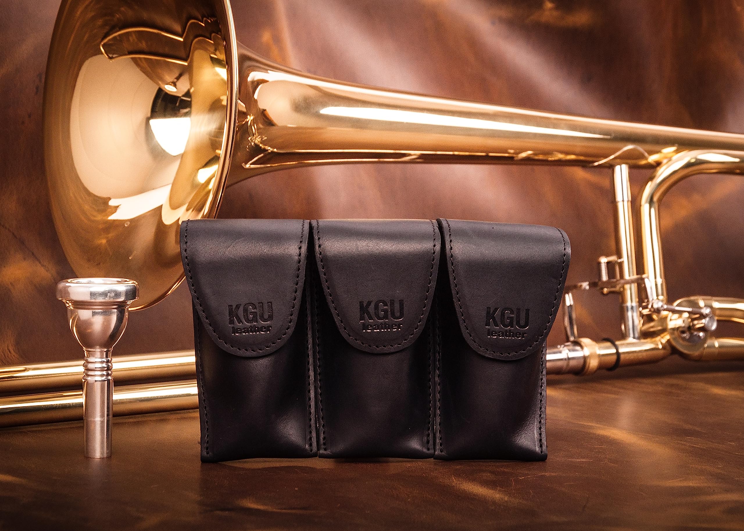 Trombone/Euphonium MOUTHPIECE HOLDER. Genuine leather carrying bag. Compact Mouthpiece Holder. Protection Case for Trombone/Euphonium Mouthpiece. Gift Idea Trombonist (Triple, Black) Triple - Image 3
