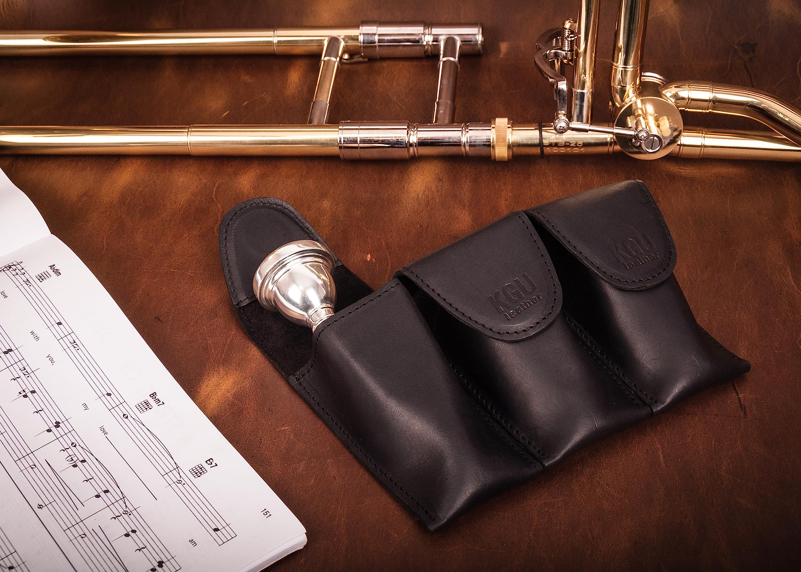 Trombone/Euphonium MOUTHPIECE HOLDER. Genuine leather carrying bag. Compact Mouthpiece Holder. Protection Case for Trombone/Euphonium Mouthpiece. Gift Idea Trombonist (Triple, Black) Triple - Image 4