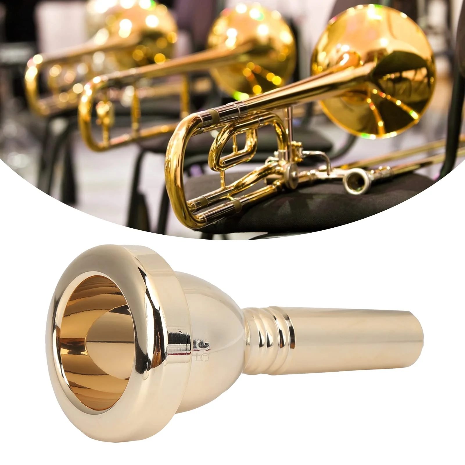 Trombone Mouthpiece, Brass Tenor Trombone Mouthpiece Large Shank Mouth Piece Metal 12.7mm 5G Accessory Replacement TR‑03 for Professional Trombone Players Amateurs (Gold) Gold - Image 2