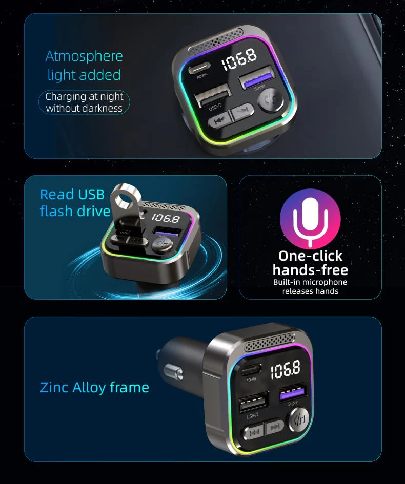 TRON Bluetooth 5.3 FM Transmitter Car Adapter 48W (PD30W +18W USB) Fast Charger, with Mic, Light Switch, HiFi Bass Sound, Audio Receiver Wireless Radio MP3, Hands-Free Calling, Support USB Drive, TR43 - Image 2