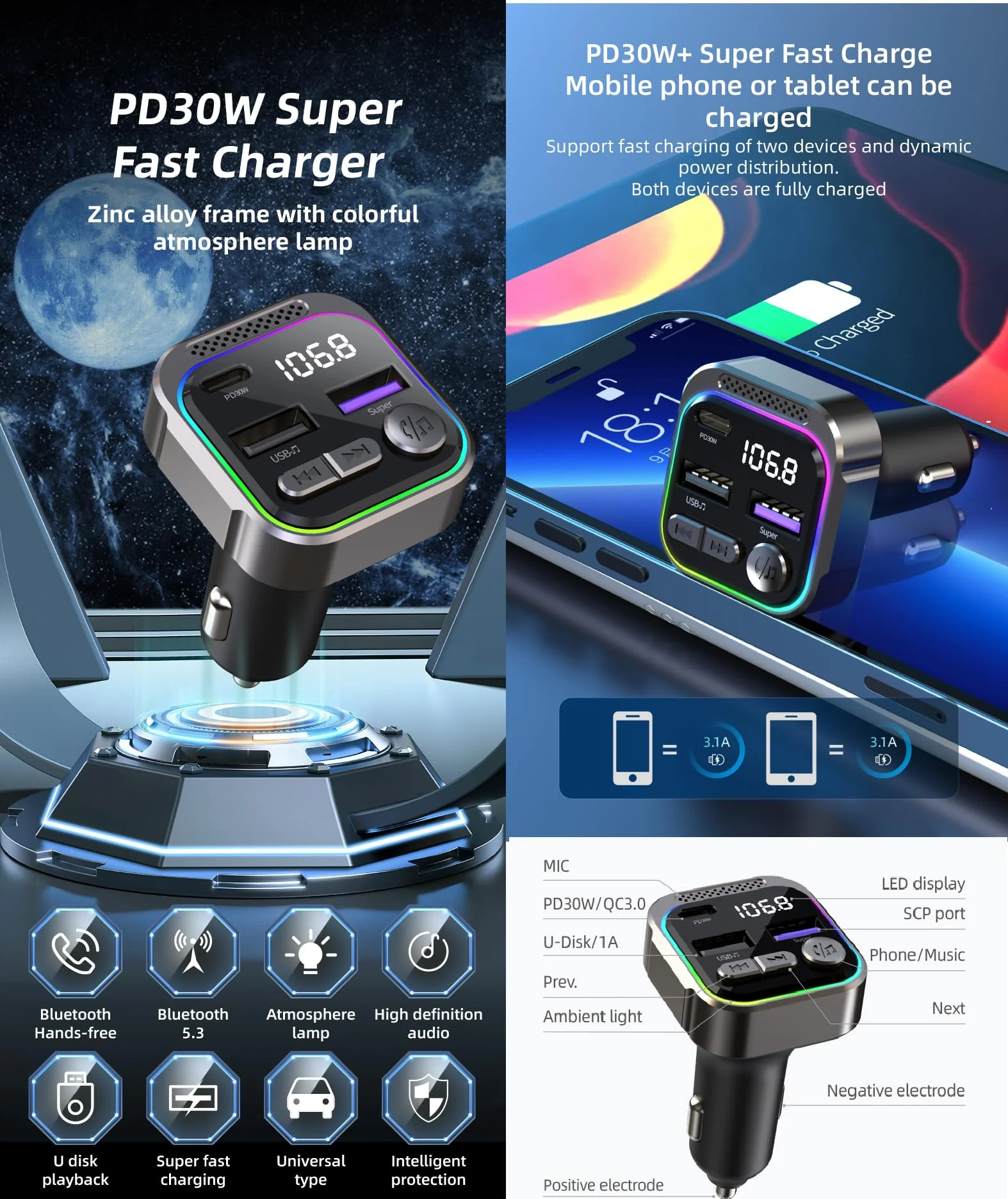 TRON Bluetooth 5.3 FM Transmitter Car Adapter 48W (PD30W +18W USB) Fast Charger, with Mic, Light Switch, HiFi Bass Sound, Audio Receiver Wireless Radio MP3, Hands-Free Calling, Support USB Drive, TR43 - Image 4