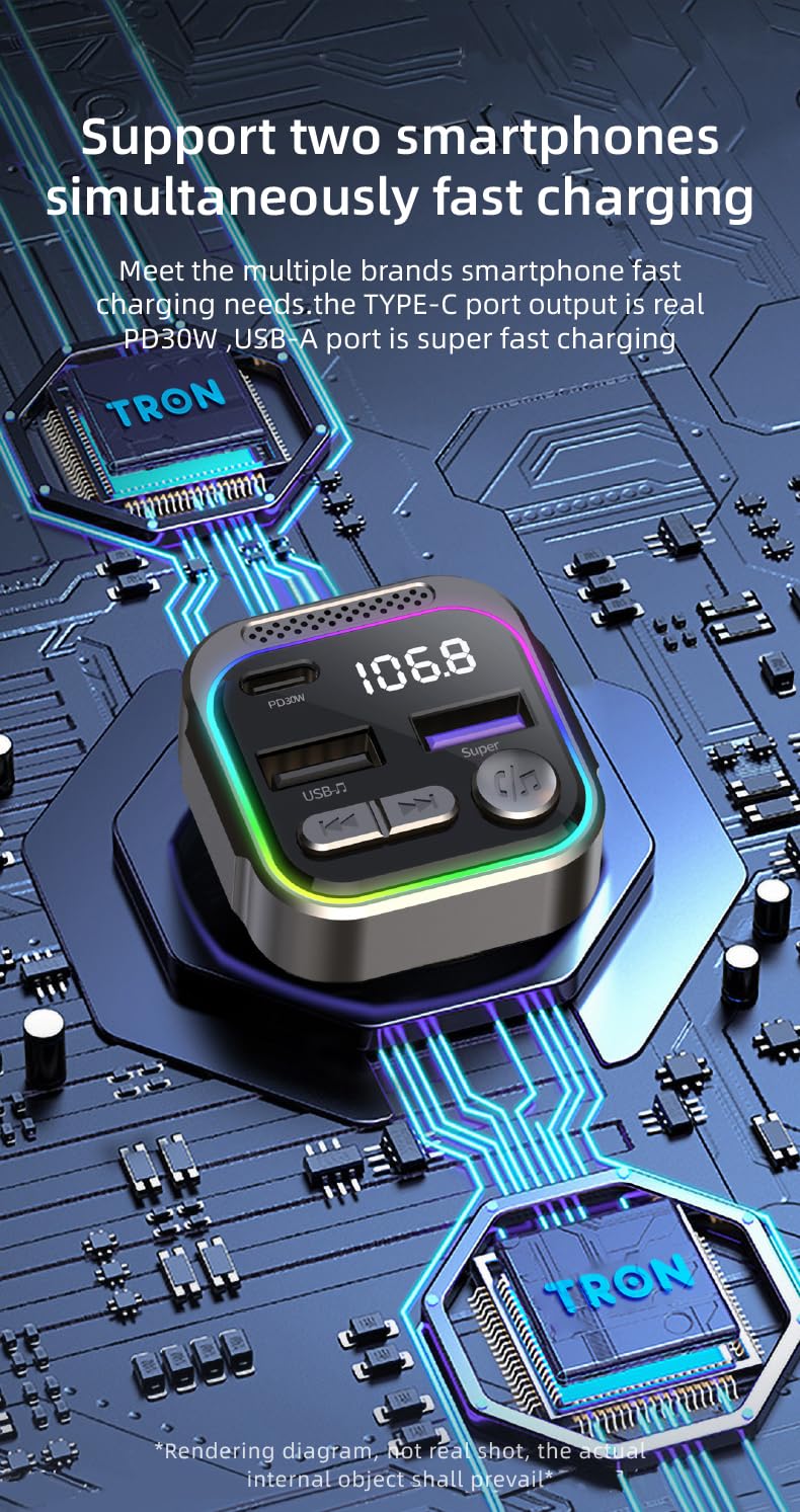 TRON Bluetooth 5.3 FM Transmitter Car Adapter 48W (PD30W +18W USB) Fast Charger, with Mic, Light Switch, HiFi Bass Sound, Audio Receiver Wireless Radio MP3, Hands-Free Calling, Support USB Drive, TR43 - Image 5