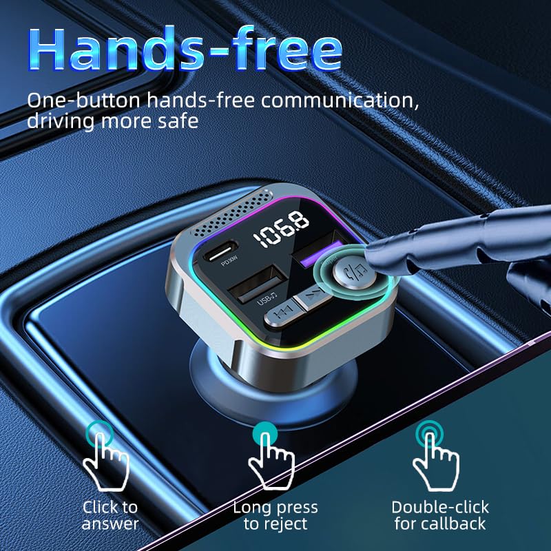 TRON Bluetooth 5.3 FM Transmitter Car Adapter 48W (PD30W +18W USB) Fast Charger, with Mic, Light Switch, HiFi Bass Sound, Audio Receiver Wireless Radio MP3, Hands-Free Calling, Support USB Drive, TR43 - Image 6