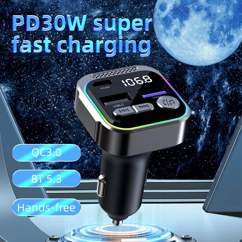 TRON Bluetooth 5.3 FM Transmitter Car Adapter 48W (PD30W +18W USB) Fast Charger, with Mic, Light Switch, HiFi Bass Sound, Audio Receiver Wireless Radio MP3, Hands-Free Calling, Support USB Drive, TR43 - Image 8