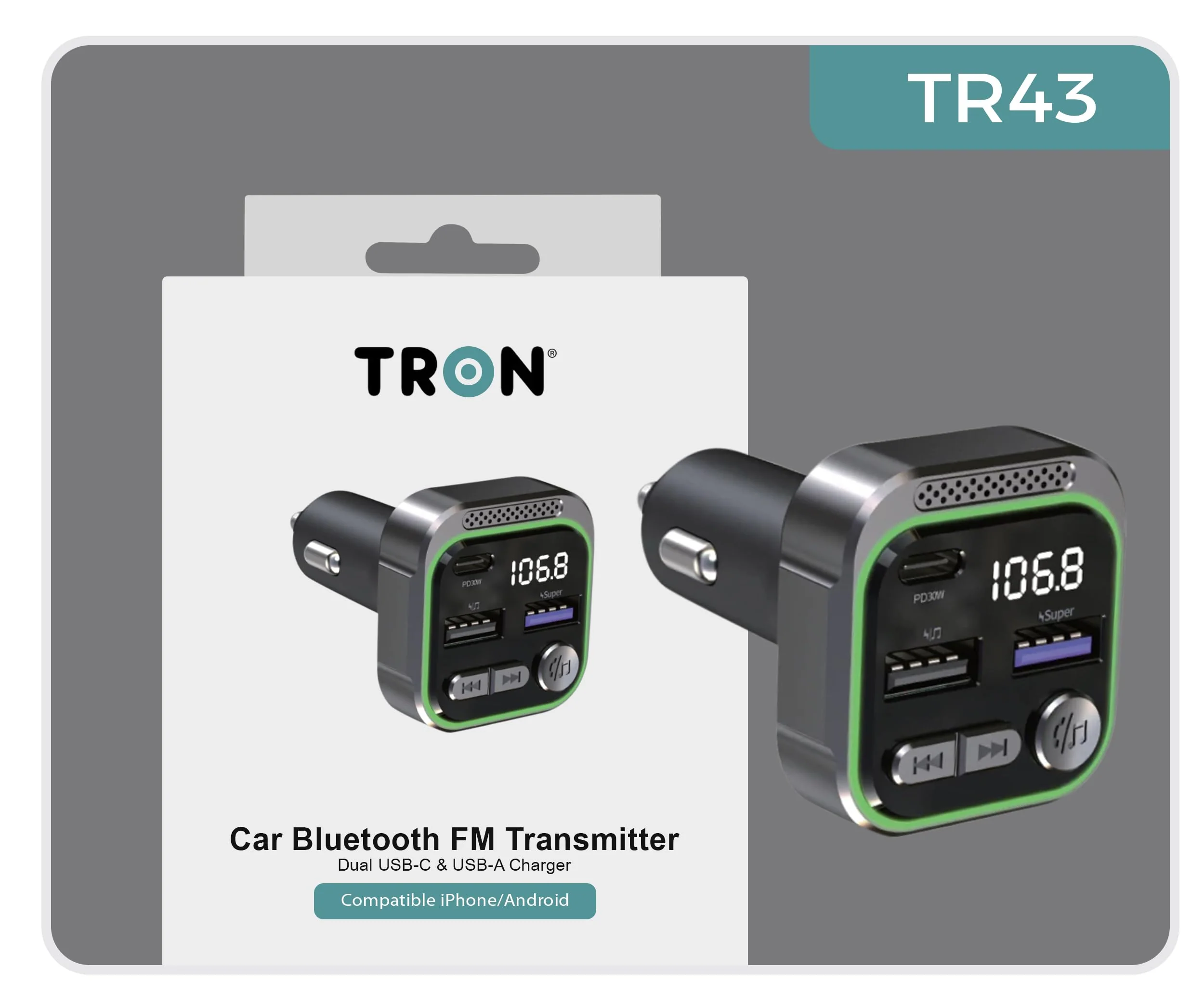 TRON Bluetooth 5.3 FM Transmitter Car Adapter 48W (PD30W +18W USB) Fast Charger, with Mic, Light Switch, HiFi Bass Sound, Audio Receiver Wireless Radio MP3, Hands-Free Calling, Support USB Drive, TR43 - Image 9