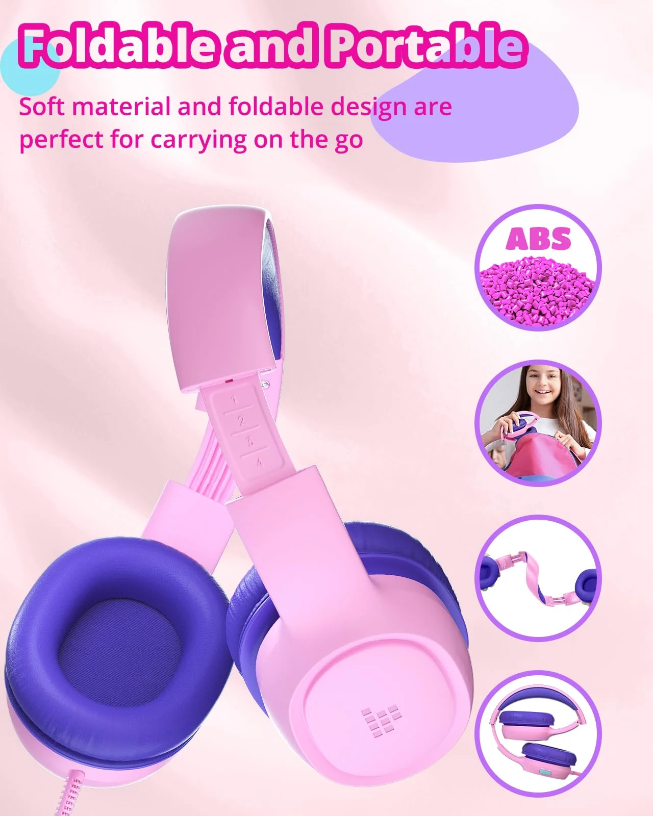 Tronsmart Kids Headphones KH01 Foldable Safety Volume 85/93dB Over-Ear Girls Boys Headphones for Kid HD Stereo 3.5mm Jack Wired Kids Headphones for Boys/Girls/School/Kindle/Travel/Tablets (Pink) Pink - Image 2