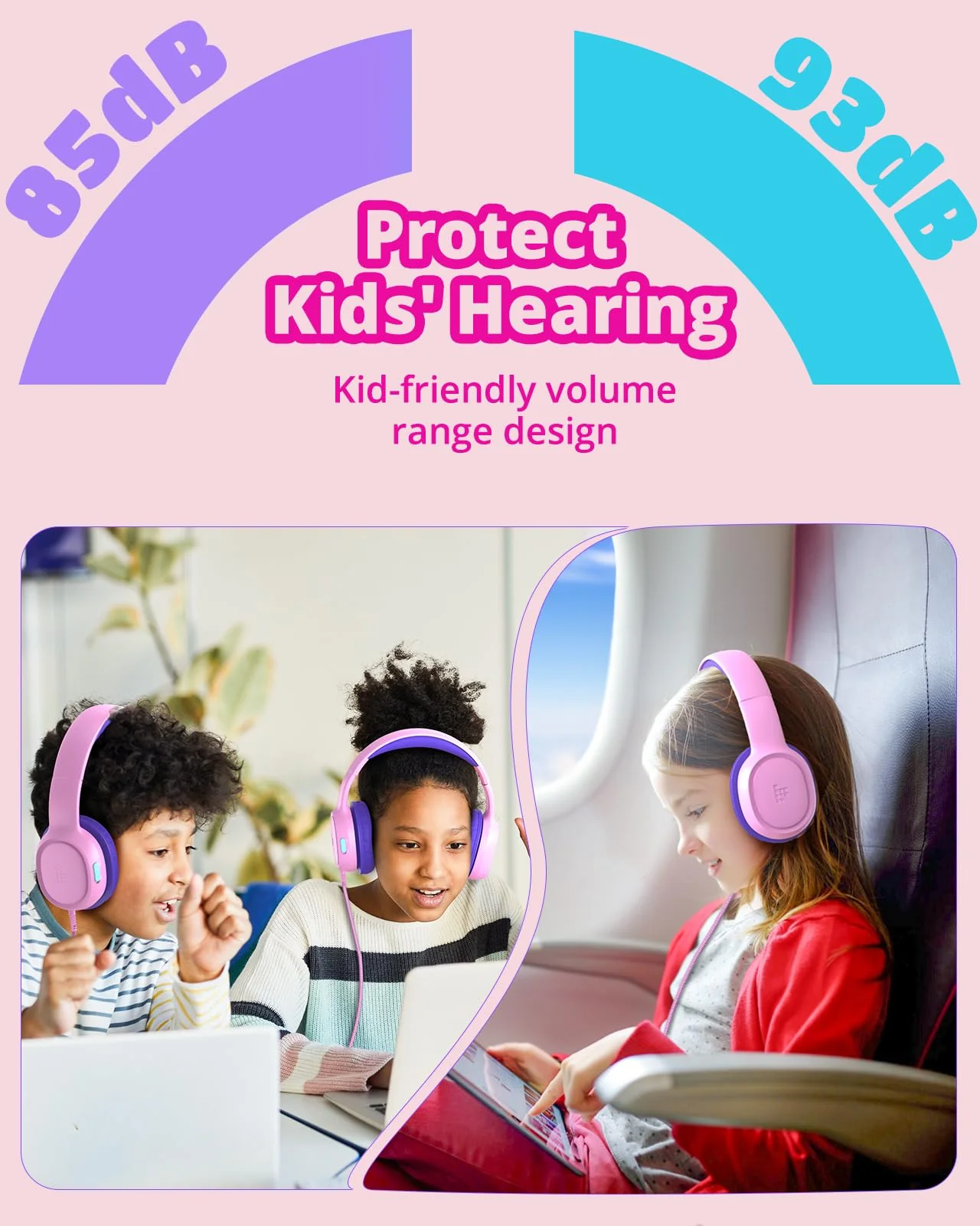 Tronsmart Kids Headphones KH01 Foldable Safety Volume 85/93dB Over-Ear Girls Boys Headphones for Kid HD Stereo 3.5mm Jack Wired Kids Headphones for Boys/Girls/School/Kindle/Travel/Tablets (Pink) Pink - Image 3