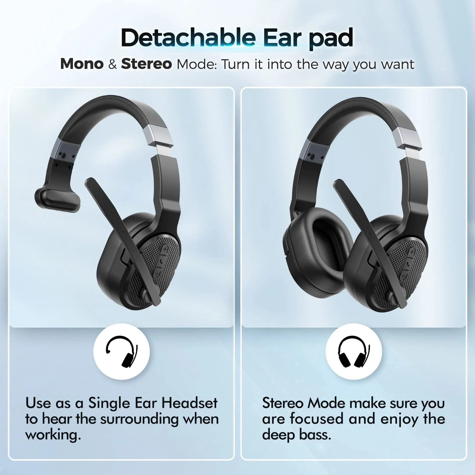 Trucker Bluetooth Headset, Wireless Headsets with Noise Cancelling Microphone, 50+Hrs HD Talktime Bluetooth Headphones with Detachable Earpad/Single+Dual Mode for Office/Driving/Home Black - Image 2