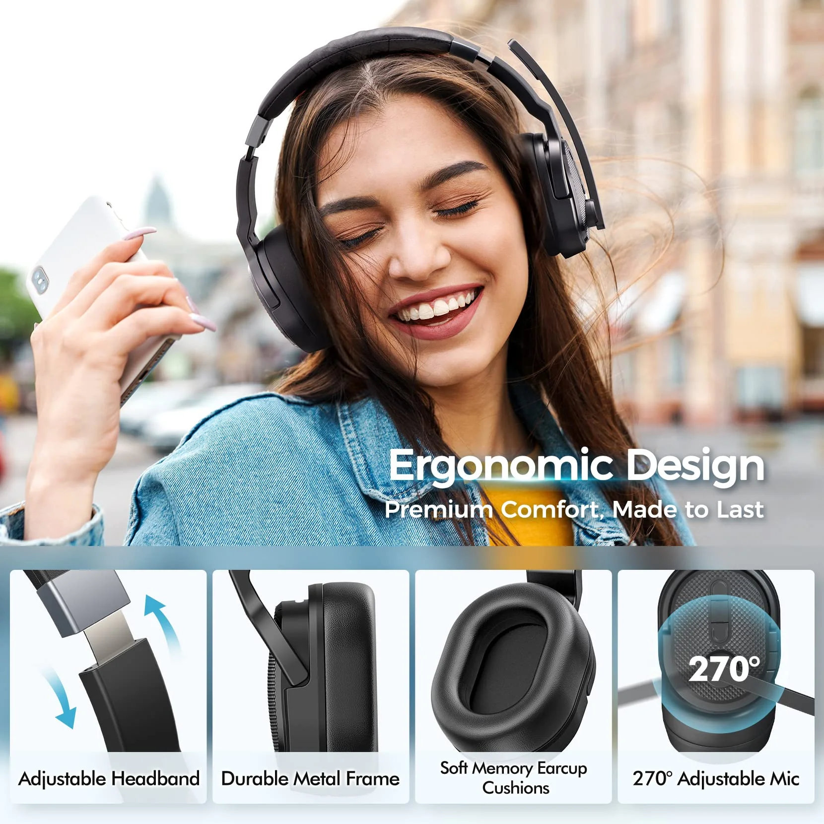Trucker Bluetooth Headset, Wireless Headsets with Noise Cancelling Microphone, 50+Hrs HD Talktime Bluetooth Headphones with Detachable Earpad/Single+Dual Mode for Office/Driving/Home Black - Image 6