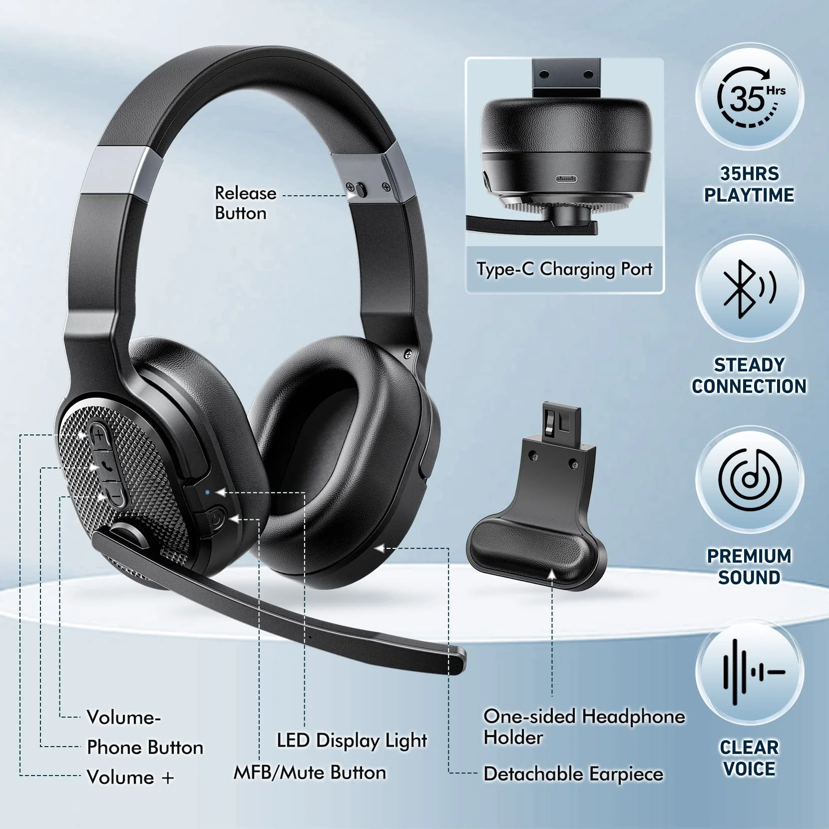 Trucker Bluetooth Headset, Wireless Headsets with Noise Cancelling Microphone, 50+Hrs HD Talktime Bluetooth Headphones with Detachable Earpad/Single+Dual Mode for Office/Driving/Home Black - Image 7