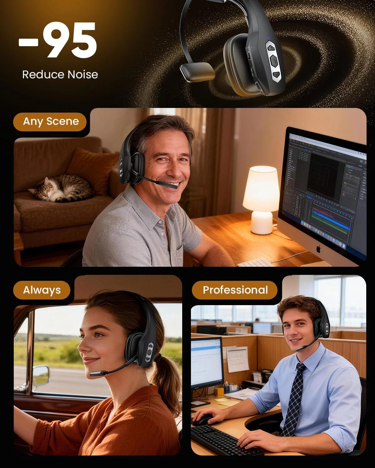 Trucker Bluetooth Headset with Charging Base, Wireless Hands-Free Headset with Noise Canceling Mic & Mute Button, 56Hrs Working Time PC Headsets for Cell Phones, Computer, Truck Driver BLACK - Image 2