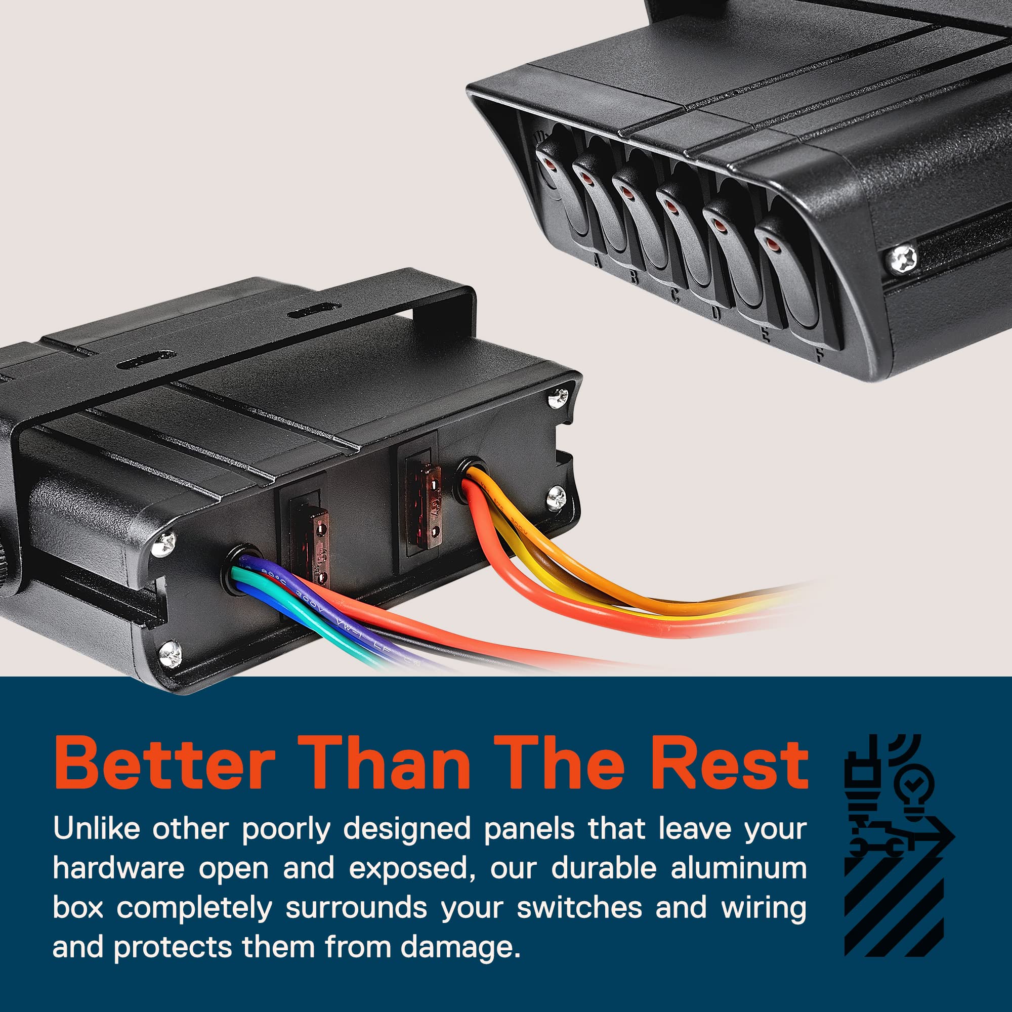 True Mods 6-Gang 12V Rocker Switch Box [40 Amp Max.] [12 AWG Wires][12 Volt DC] SPST On/Off Rocker Toggle Switch Panel Box for Auto Automotive Lights Car Marine Boat Truck Vehicles & More 6-Gang Switch Box - Image 4