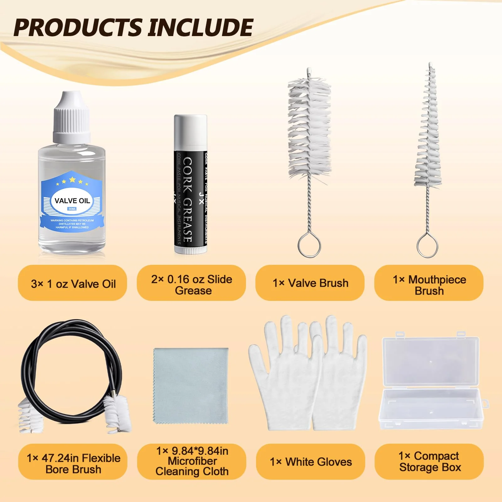 Trumpet Cleaning Kit - 3 Trumpet Lubricating Valve Oil, 2 Slide Grease,Valve, Mouthpiece, Flexible Bore Brush and Cleaning Cloth, Brass Instrument Cleaning and Care Set for Trumpet Maintenance 10Pcs - Image 2