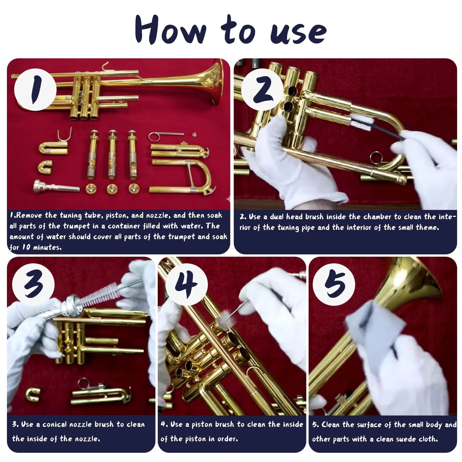 Trumpet Cleaning Kit, Clean and Care Horn, Trumpet Valve Oil Kit with Valve Oil, Slide Grease, Cork Grease, Cleaning Cloth, Mouthpiece/Valve/Bore Brushes, Polishing Cloth - Image 8