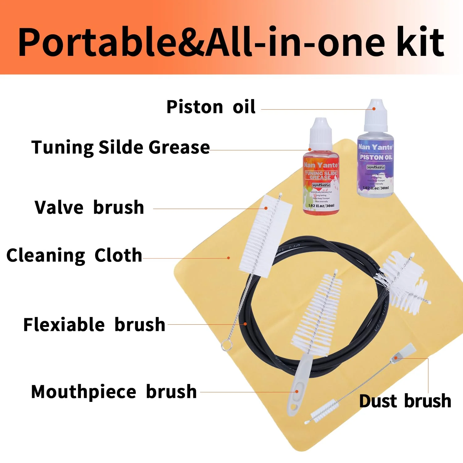Trumpet Cleaning Kit clean your Trumpet: contains Valve Oil, Tuning Slide Grease, Cleaning Cloth, Valve/Mouthpiece/Flexible brush, etc. -essential for professionals/students/enthusiasts - Image 2