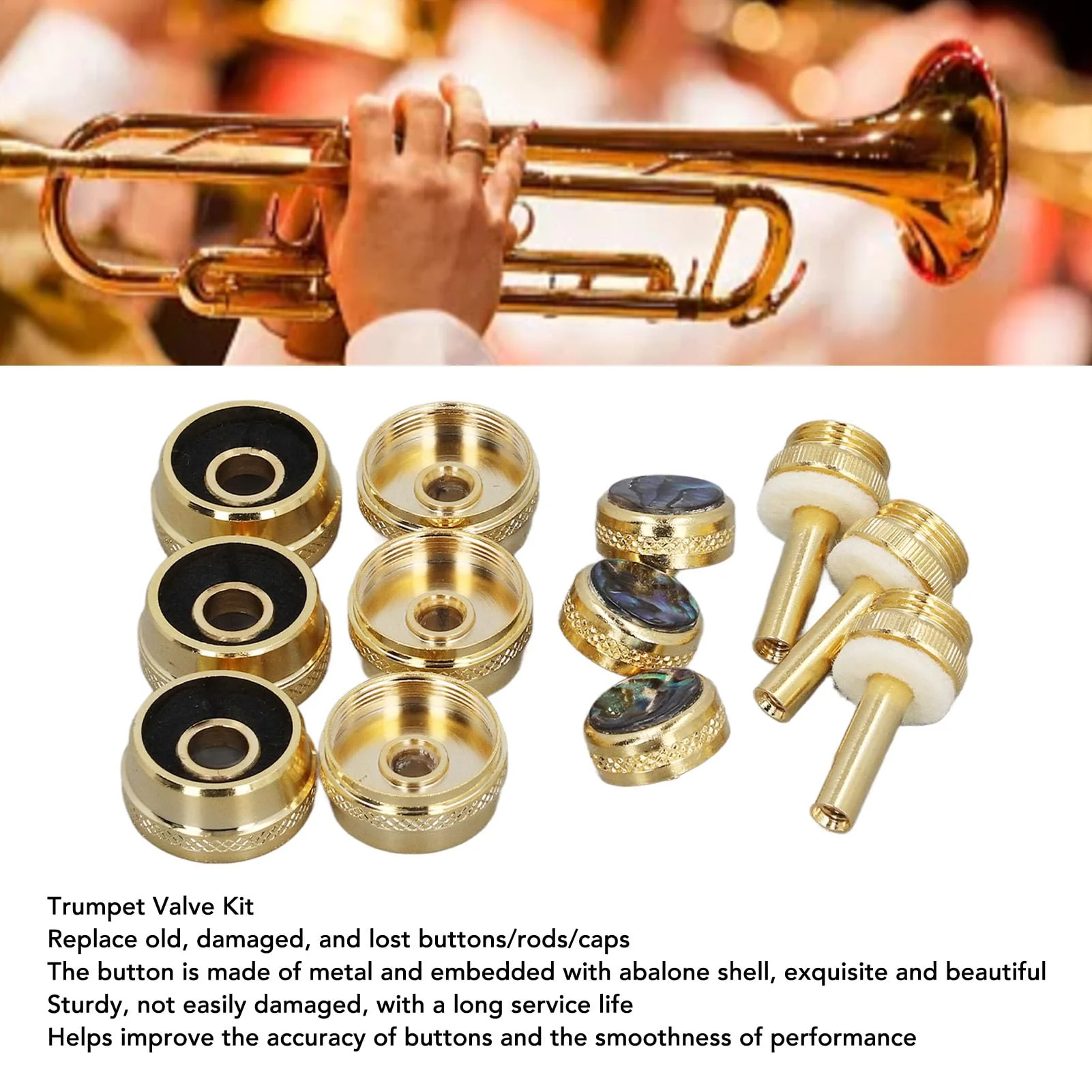 Trumpet Valve Finger Button Cap and Rod Set, with Abalone Shell for Repair Replacement for Old Parts Easy Installation Exquisite Button Sturdy Metal - Image 7