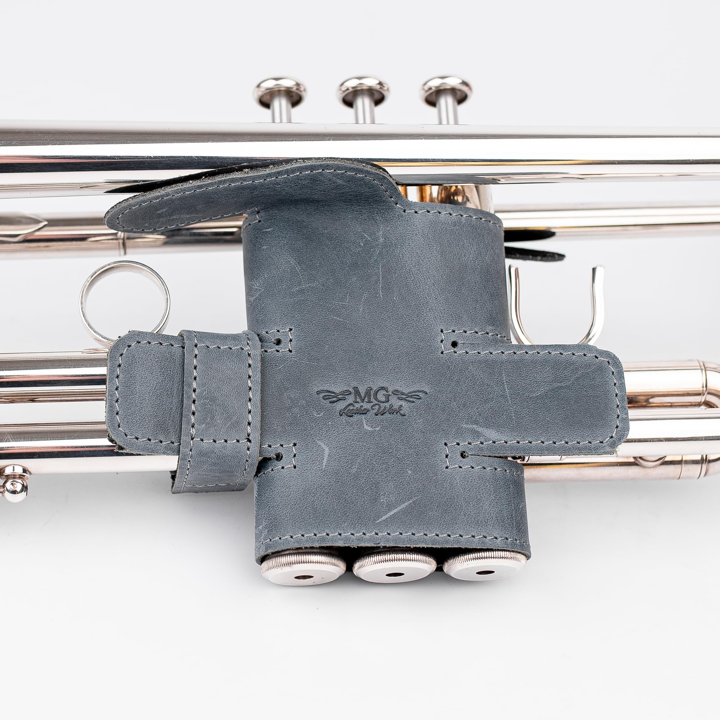 Trumpet Valve Guard XL Genuine Leather Protection Trumpet Valve Cover Valve Wrap (Gray) Blue - Image 3