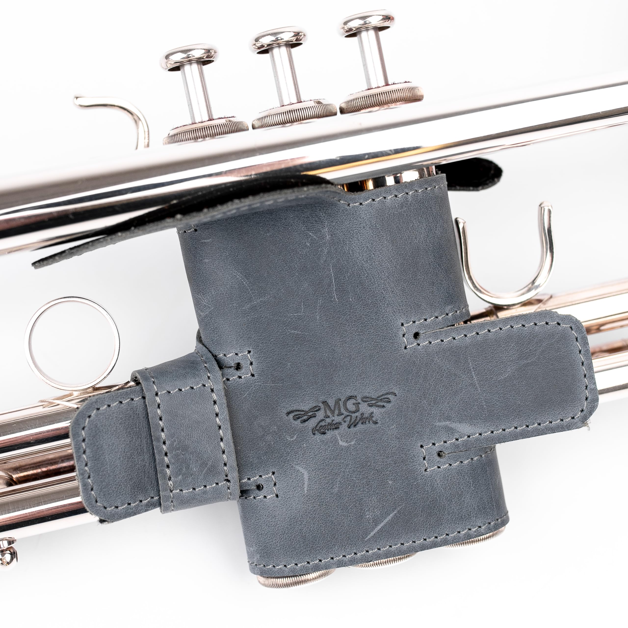 Trumpet Valve Guard XL Genuine Leather Protection Trumpet Valve Cover Valve Wrap (Gray) Blue - Image 7