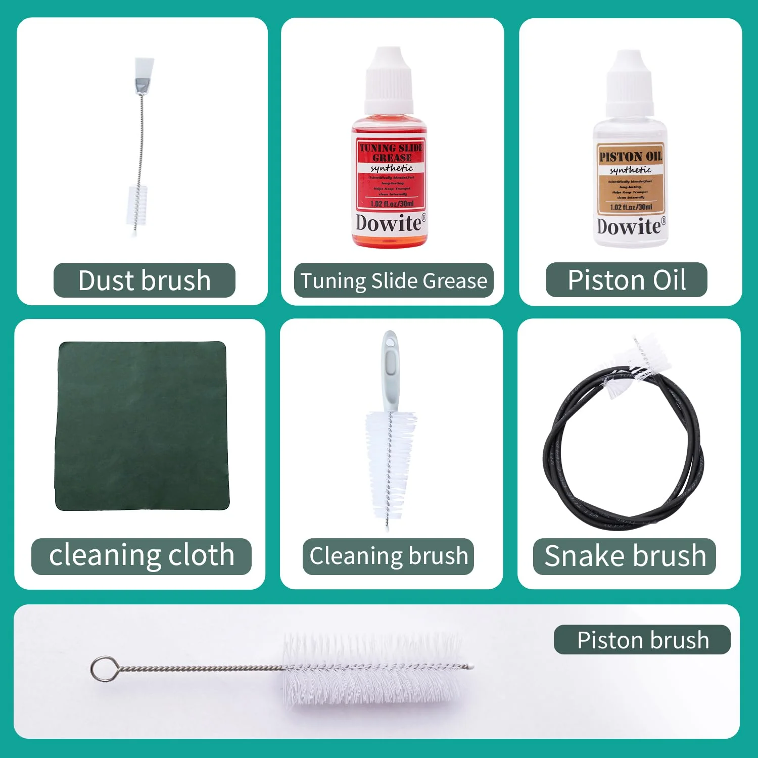 Trumpet(Cornet) Cleaning Care Kit: Valve Oil/Piston Oil, Tuning Slide Grease Oil, Snake Brush, Piston Brush, Mouthpiece Brush, Dust Brush, Cleaning Cloth–for All Musicians or Students - Image 2