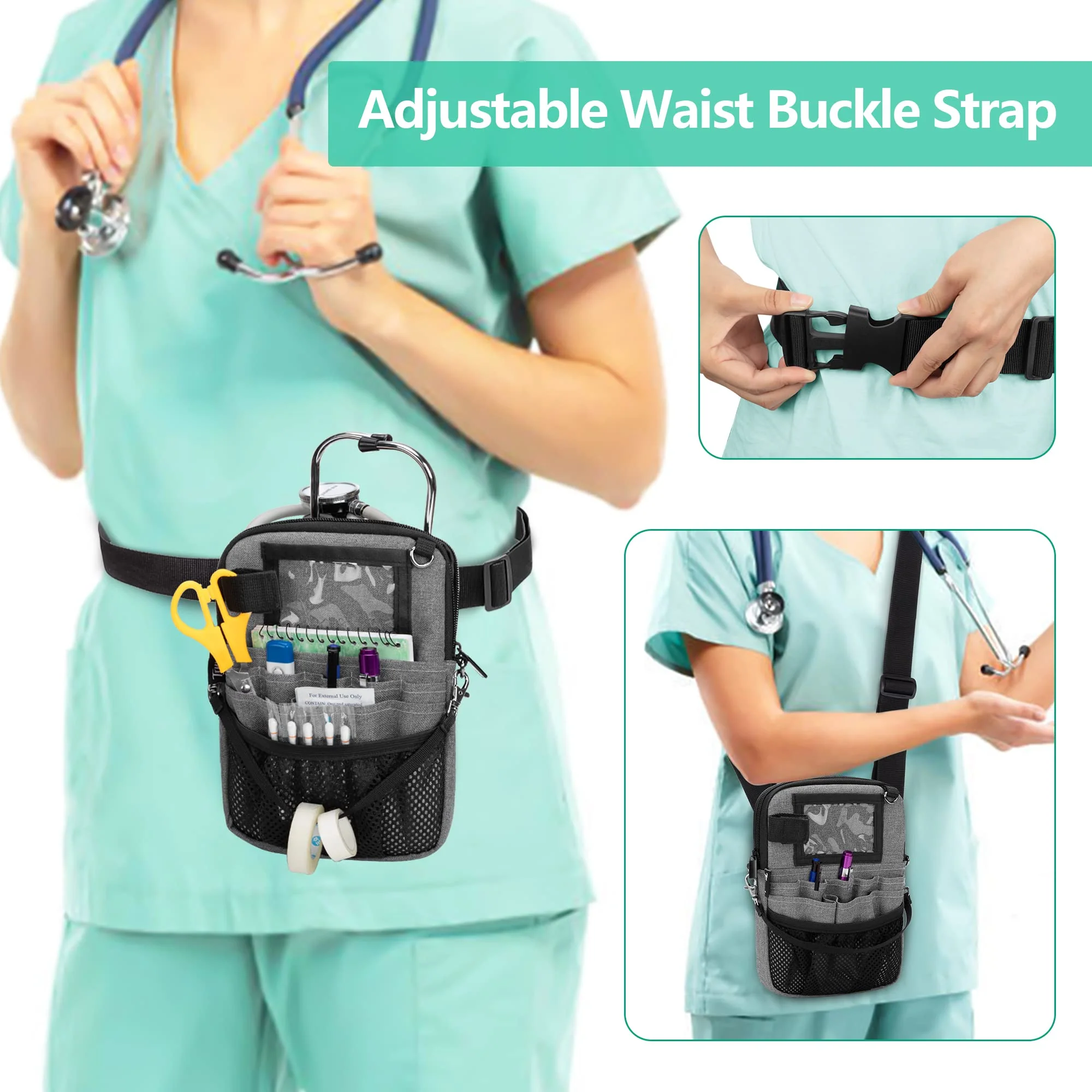 Trunab Nurse Belt Bag, Medical Waist Bag, Nurse Organiser Bag with Multiple Compartments, Adjustable Waist Strap, Ideal for Nurse Set, Stethoscope Grey - Image 2