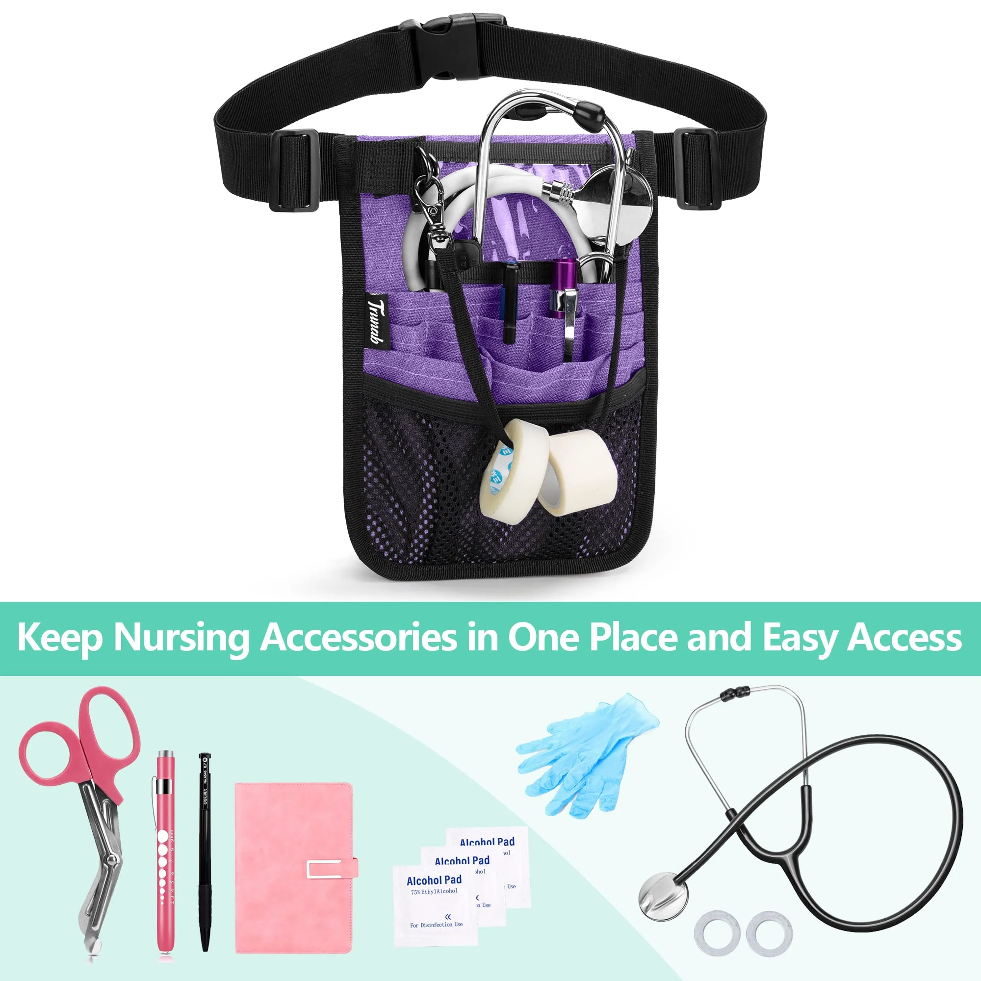 Trunab Nurse Waist Pack with Multiple Pocket Pockets for Medical Accessories such as Scissors, Tape, Stethoscope, Thermometer, Nursing Bag, purple, 1 - Image 2