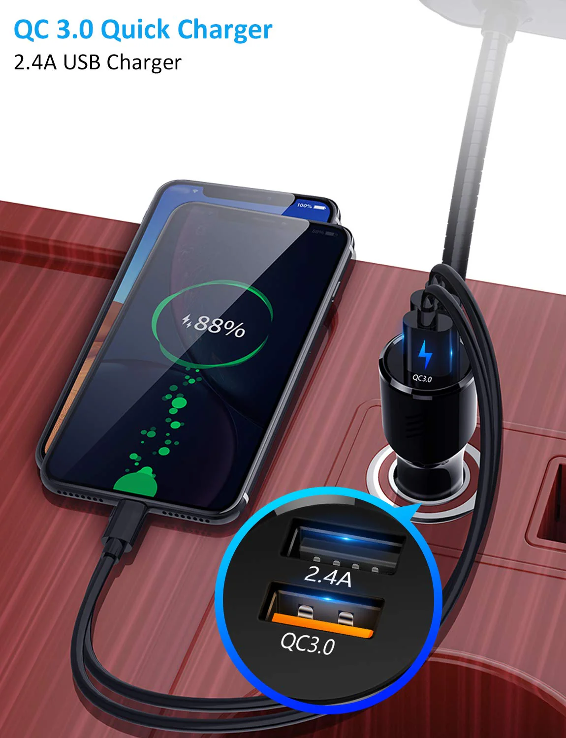 TSNAM Bluetooth FM Transmitter Car Adapter,Support Wireless Handsfree Call and MP3 Music/APP Audio Play,1.8" Color Screen,3 USB Charger,3.5mm AUX Port,Compatible with iPhone,iPad,Samsung and More - Image 4