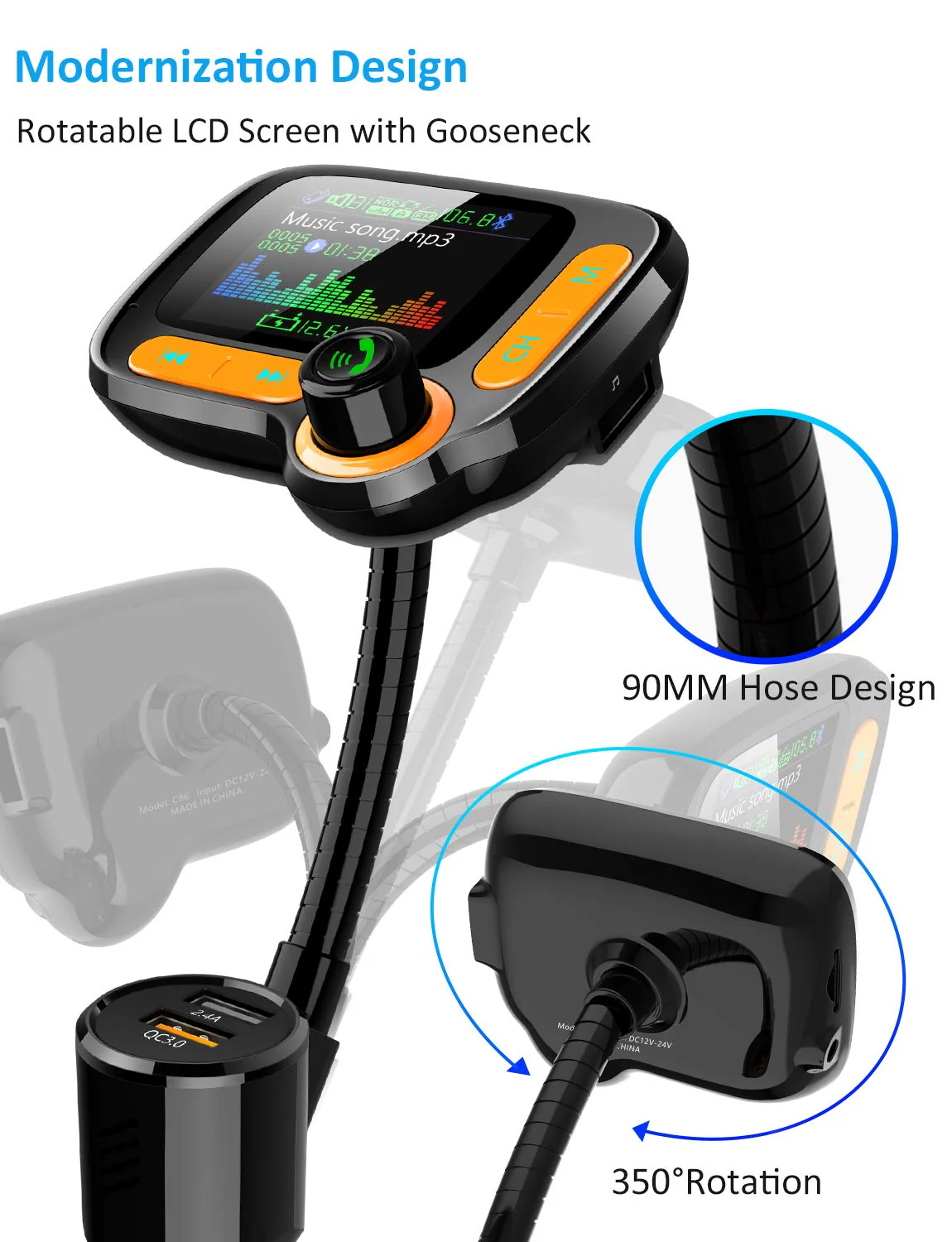TSNAM Bluetooth FM Transmitter Car Adapter,Support Wireless Handsfree Call and MP3 Music/APP Audio Play,1.8" Color Screen,3 USB Charger,3.5mm AUX Port,Compatible with iPhone,iPad,Samsung and More - Image 5