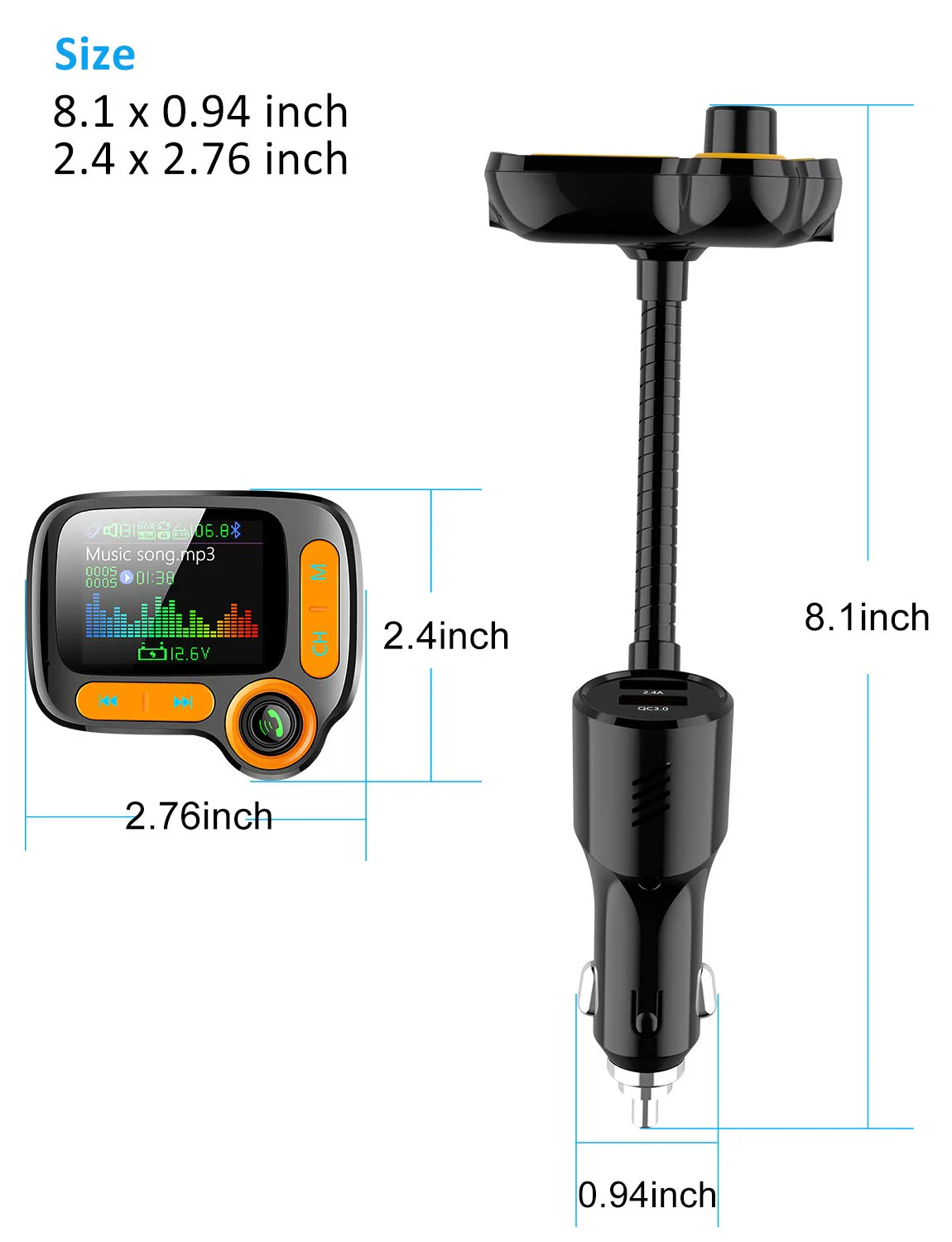 TSNAM Bluetooth FM Transmitter Car Adapter,Support Wireless Handsfree Call and MP3 Music/APP Audio Play,1.8" Color Screen,3 USB Charger,3.5mm AUX Port,Compatible with iPhone,iPad,Samsung and More - Image 6