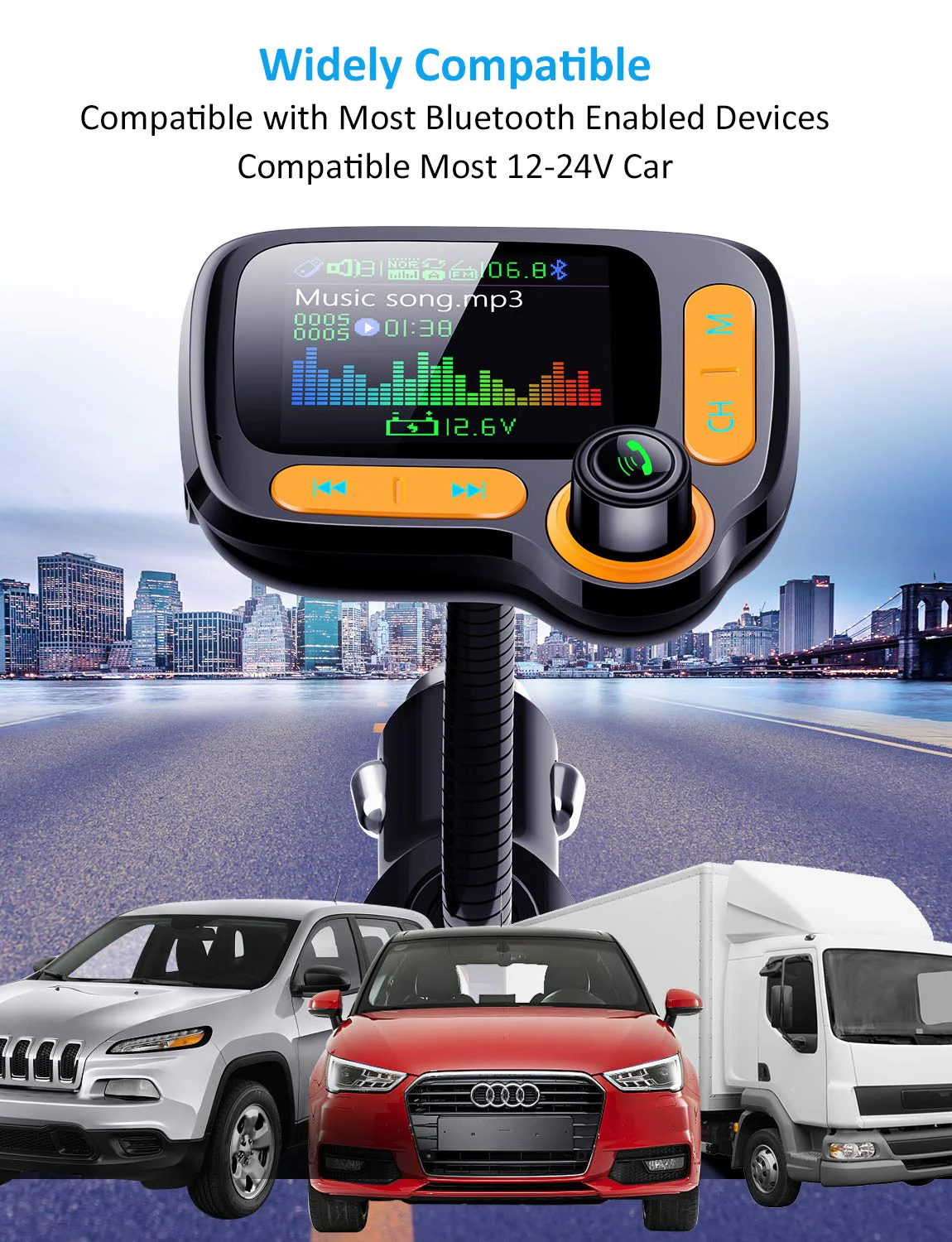 TSNAM Bluetooth FM Transmitter Car Adapter,Support Wireless Handsfree Call and MP3 Music/APP Audio Play,1.8" Color Screen,3 USB Charger,3.5mm AUX Port,Compatible with iPhone,iPad,Samsung and More - Image 7