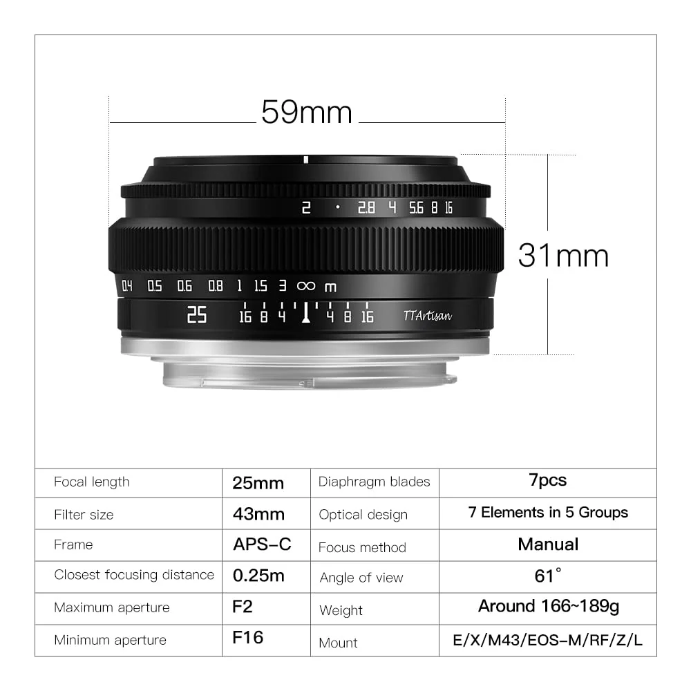 TTArtisan 25mm F2 Wide-Angle APS-C Camera Lens Large Aperture Manual Fixed Camera Lens Compatible with Fuji X-Mount Cameras X-A2 X-A2 X-A3 X-A5 X-A7 X-H1 XT1 X-T2 X-T3 X-T20 X-T30 X-T100 X-T200 X-PRO1 - Image 4
