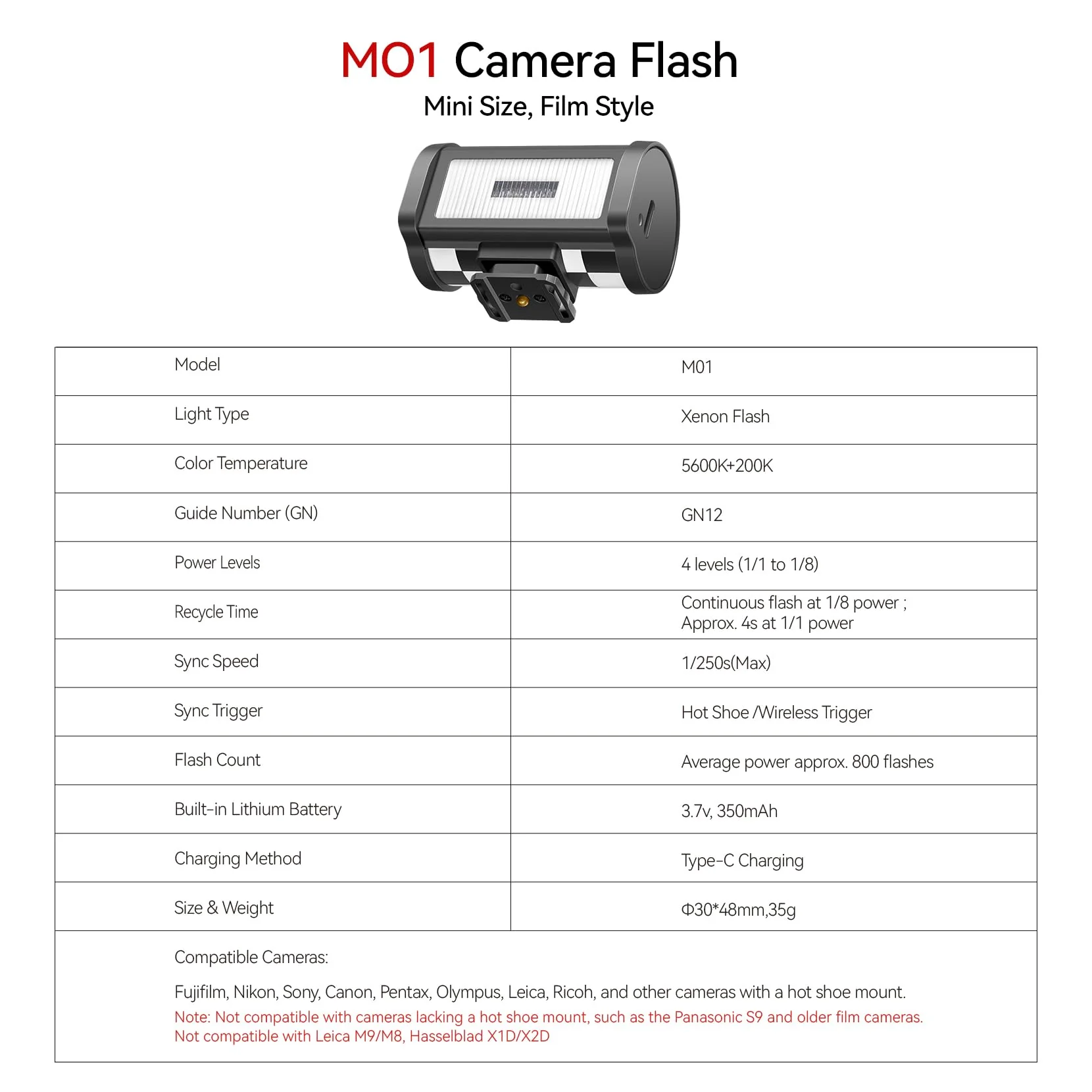 TTARTISAN M01 On-Camera Flash, Mini Flash Speedlite for Hot Shoe Camera, Lightweight Xenon Flash Light with 4 Power Level GN12 5600K±200K Compact Retro Camera (1) - Image 8