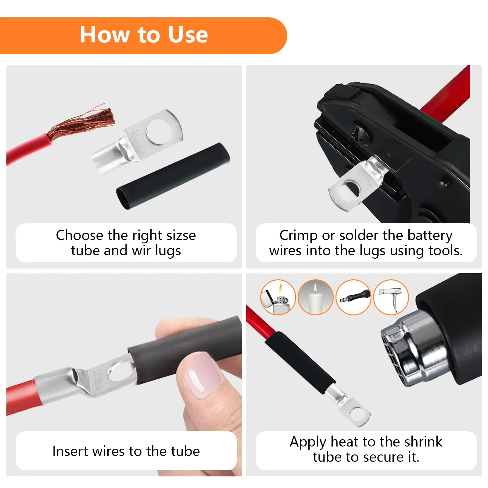 Tube Cable Lugs Cable Lugs Set, 140 Pieces Wire End Ferrules 6 mm² 10 mm² 16 mm² 25 mm² for Car Battery Cable Distribution Boxes, Diameter M6/M8 Ring Terminals Set with 70 Heat Shrink Tubing 2: 1 - Image 5
