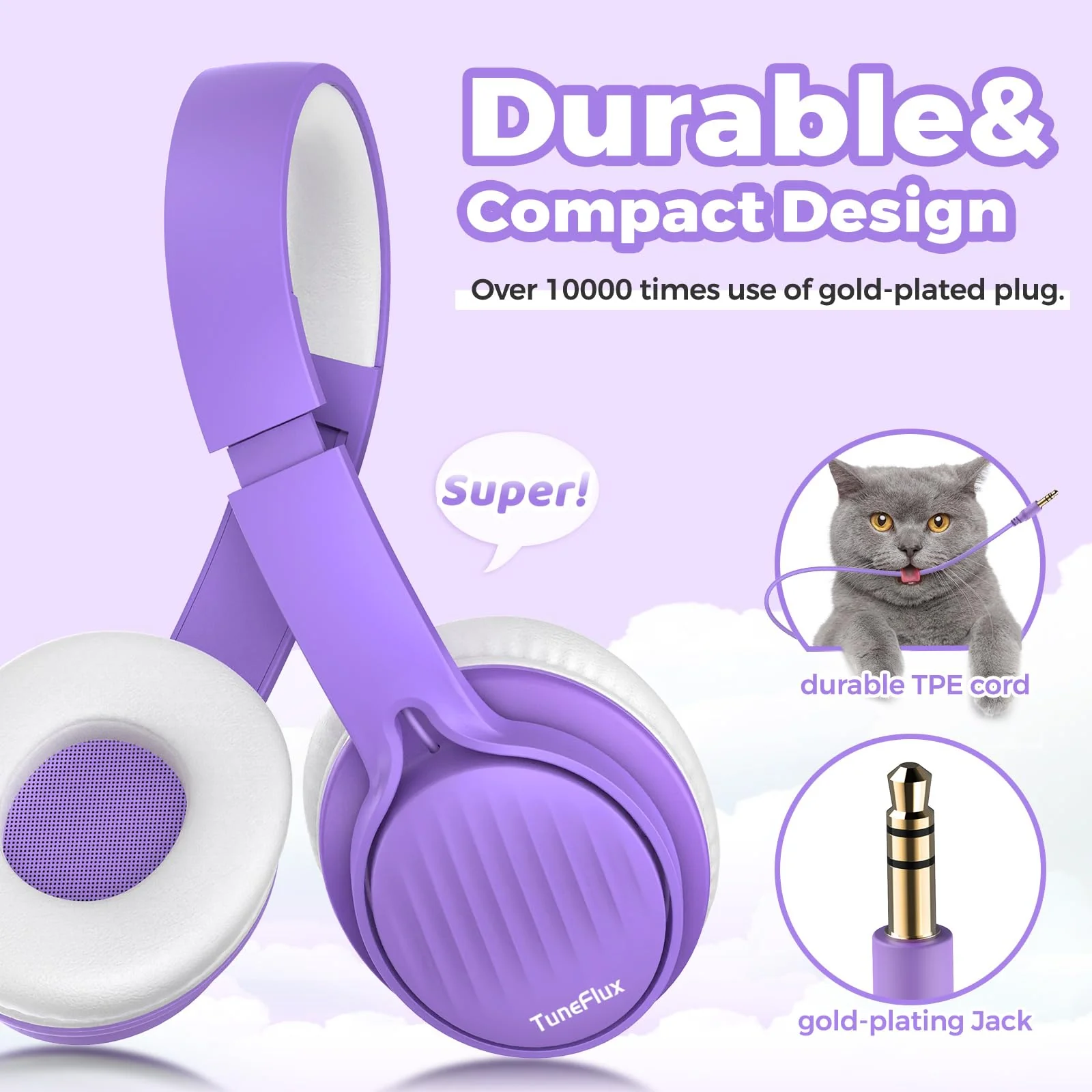 TuneFlux Upgraded Kids Headphones, Wired Toddler Headphones, 85dB Limited Volume On Ear Headphones, Portable Foldable Design, Stereo Sound Kids Headphones for School/Tablet/Travel-Purple Purple - Image 3