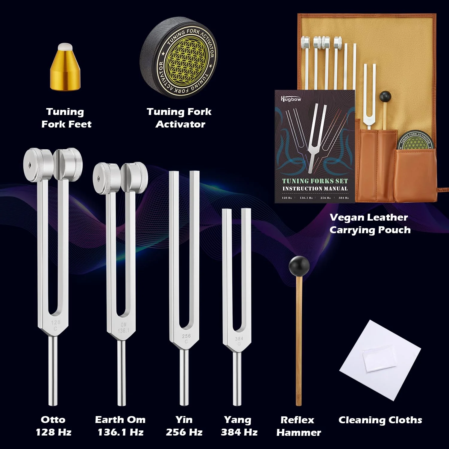 Tuning Forks for Healing, Aluminum Alloy Tuning Fork 128Hz, 136.1Hz, 256Hz, 384Hz, Hockey Puck Activator & feet, Weighted & Unweighted Tuning Fork Set with Vegan Leather Pouch 4PCS Silver - Image 2